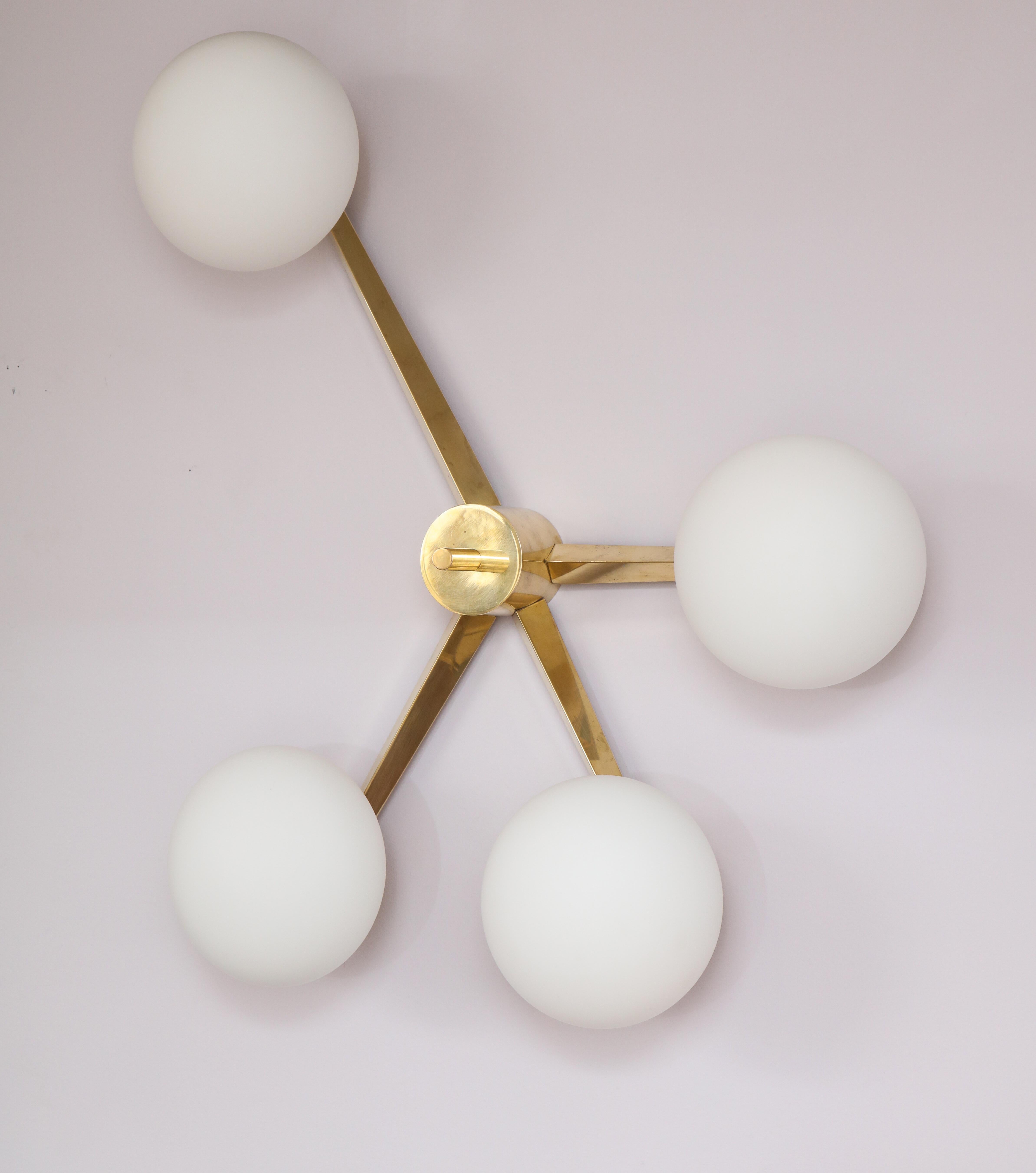 Pair of Angelo Lelli for Arredoluce Brass and Opaline Glass Wall/Ceiling Lights In Good Condition In New York, NY
