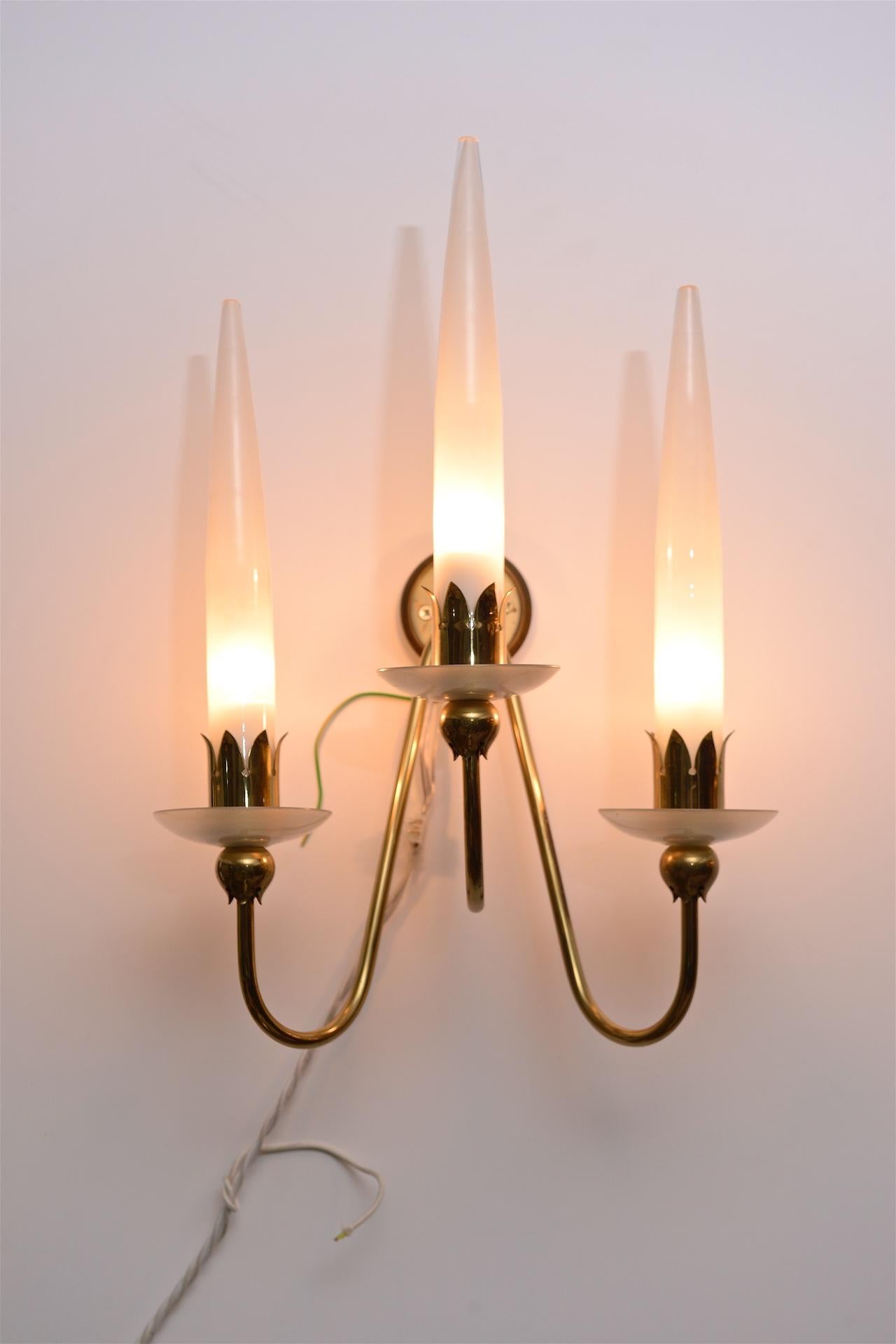 Pair of Angelo Lelli for Arredoluce candelabra style wall lights in brass and milk glass

  