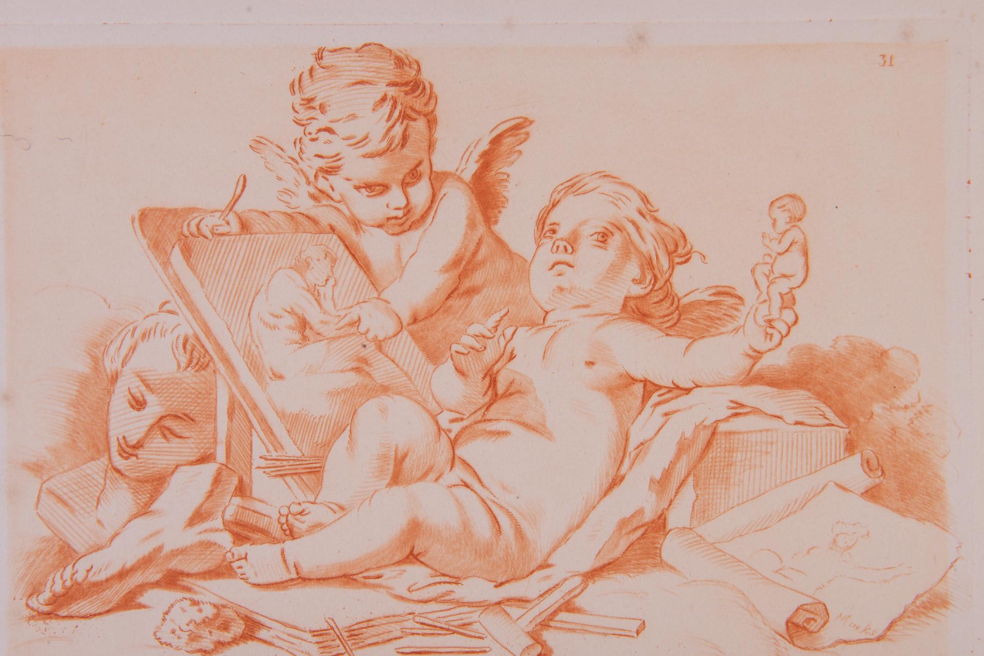 French Pair of Angels Engravings from Bouchet For Sale