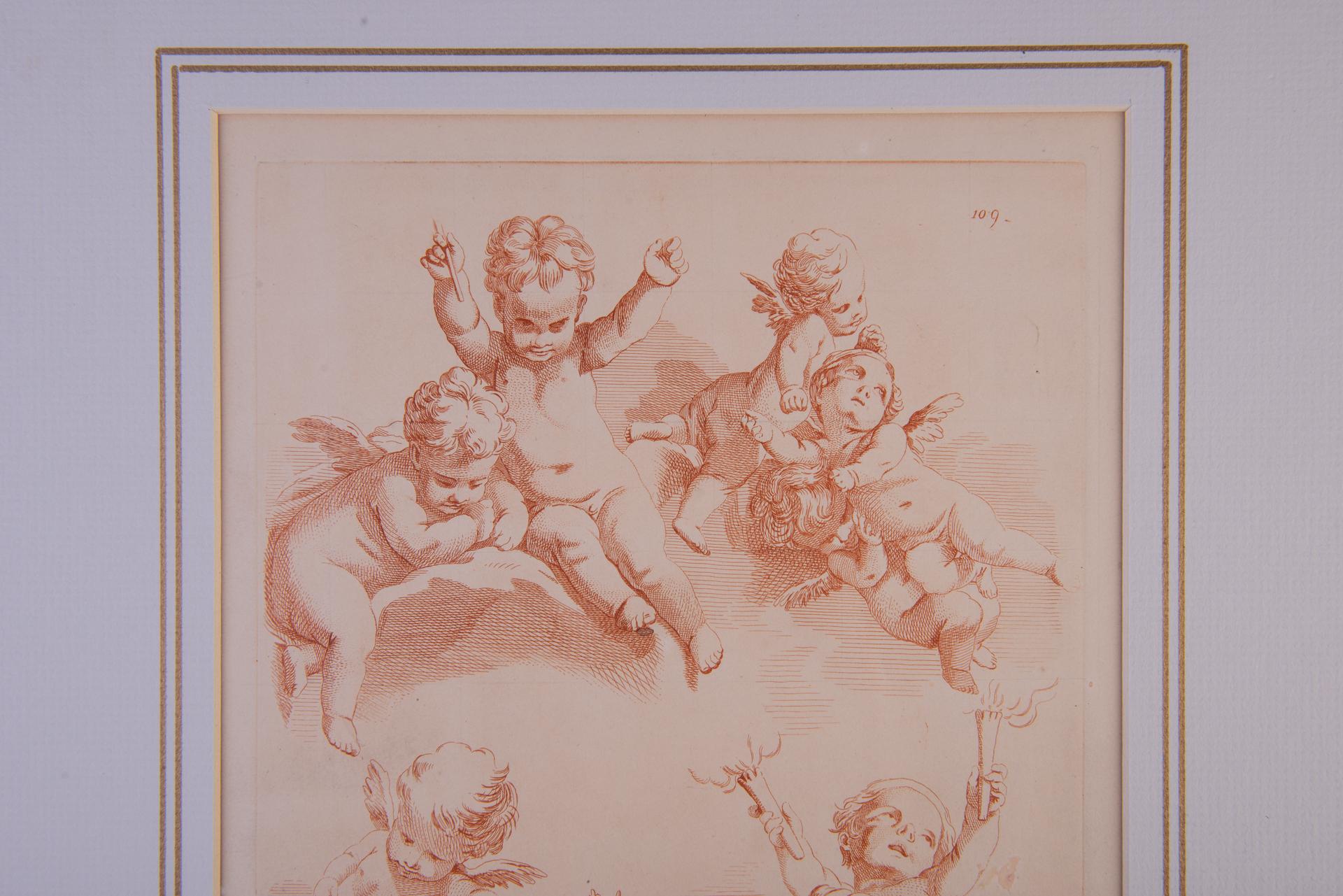 Paper Pair of Angels Engravings from Bouchet For Sale