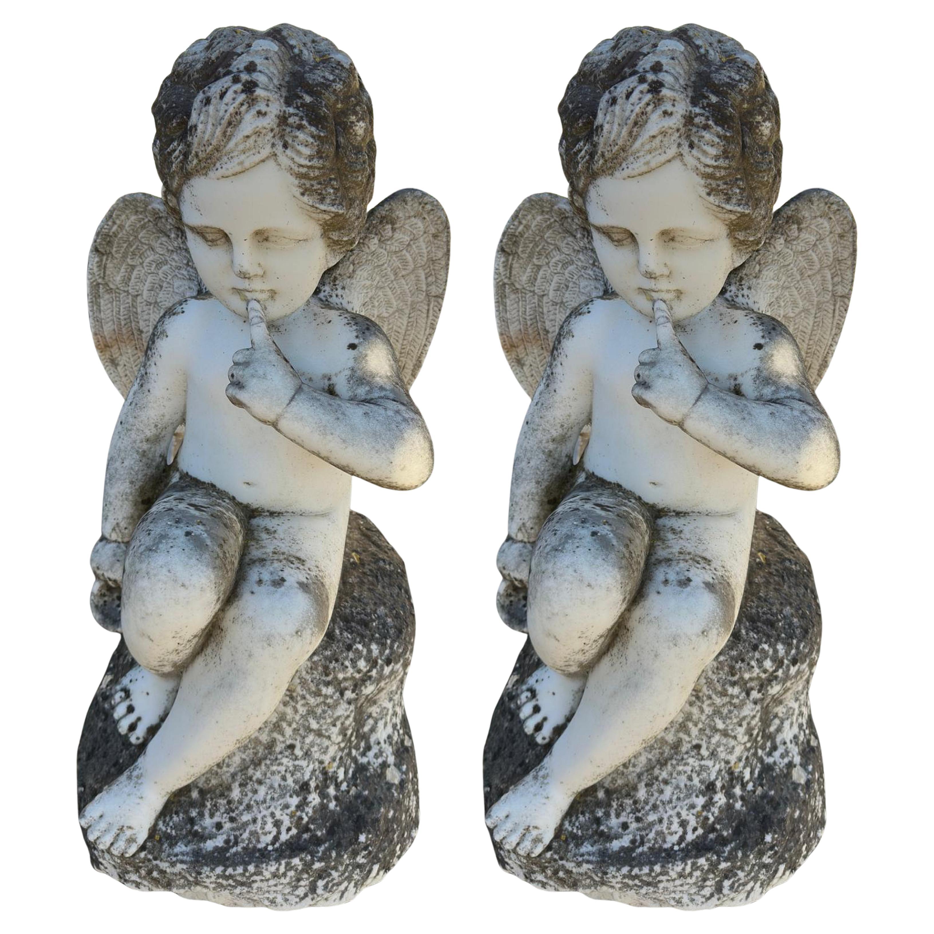 Pair of Angels in Italian Marble Early 20th Century
