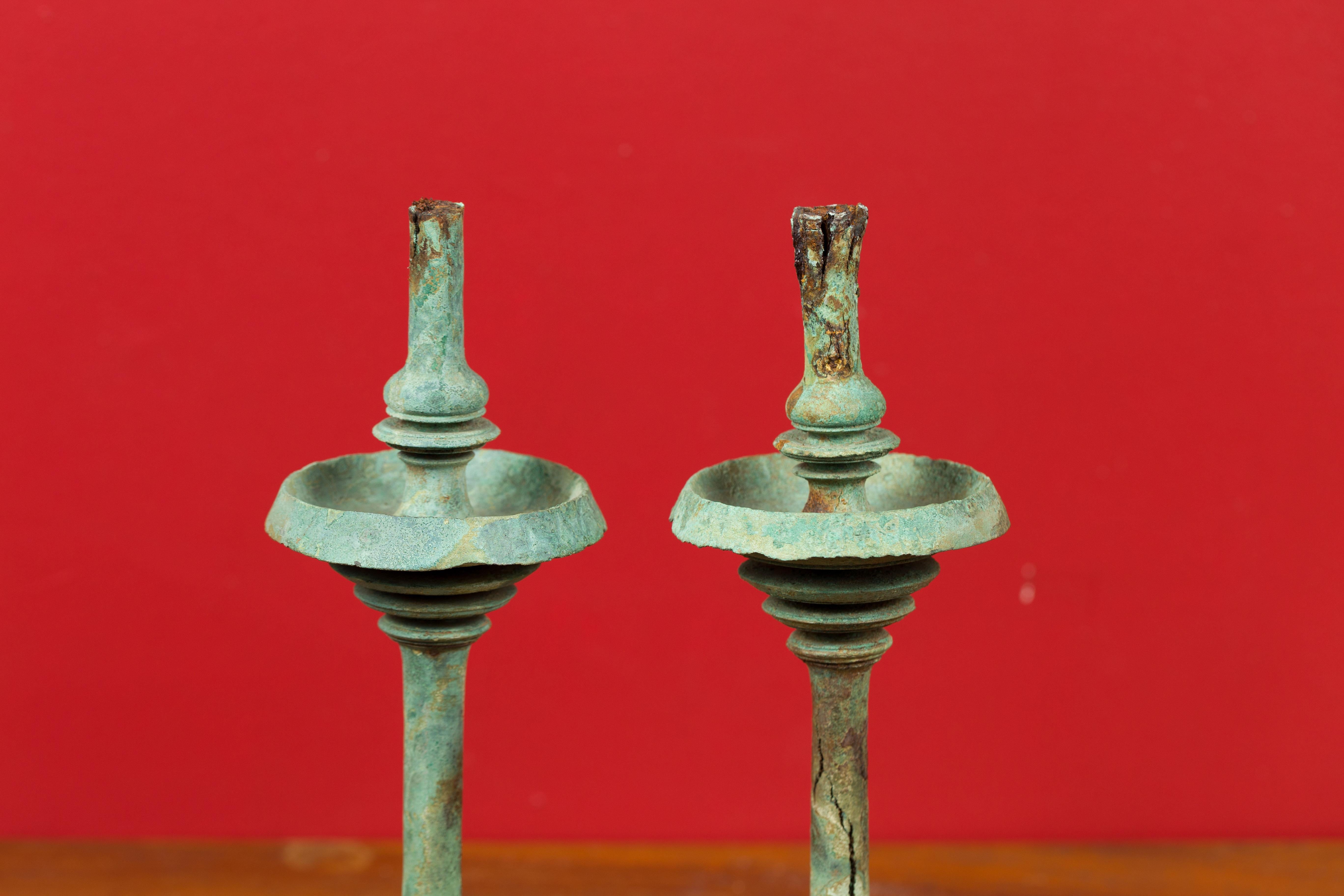 Pair of Angkor-Wat 12th Century Bronze Temple Oil Lamps from the Khmer Empire In Good Condition In Yonkers, NY