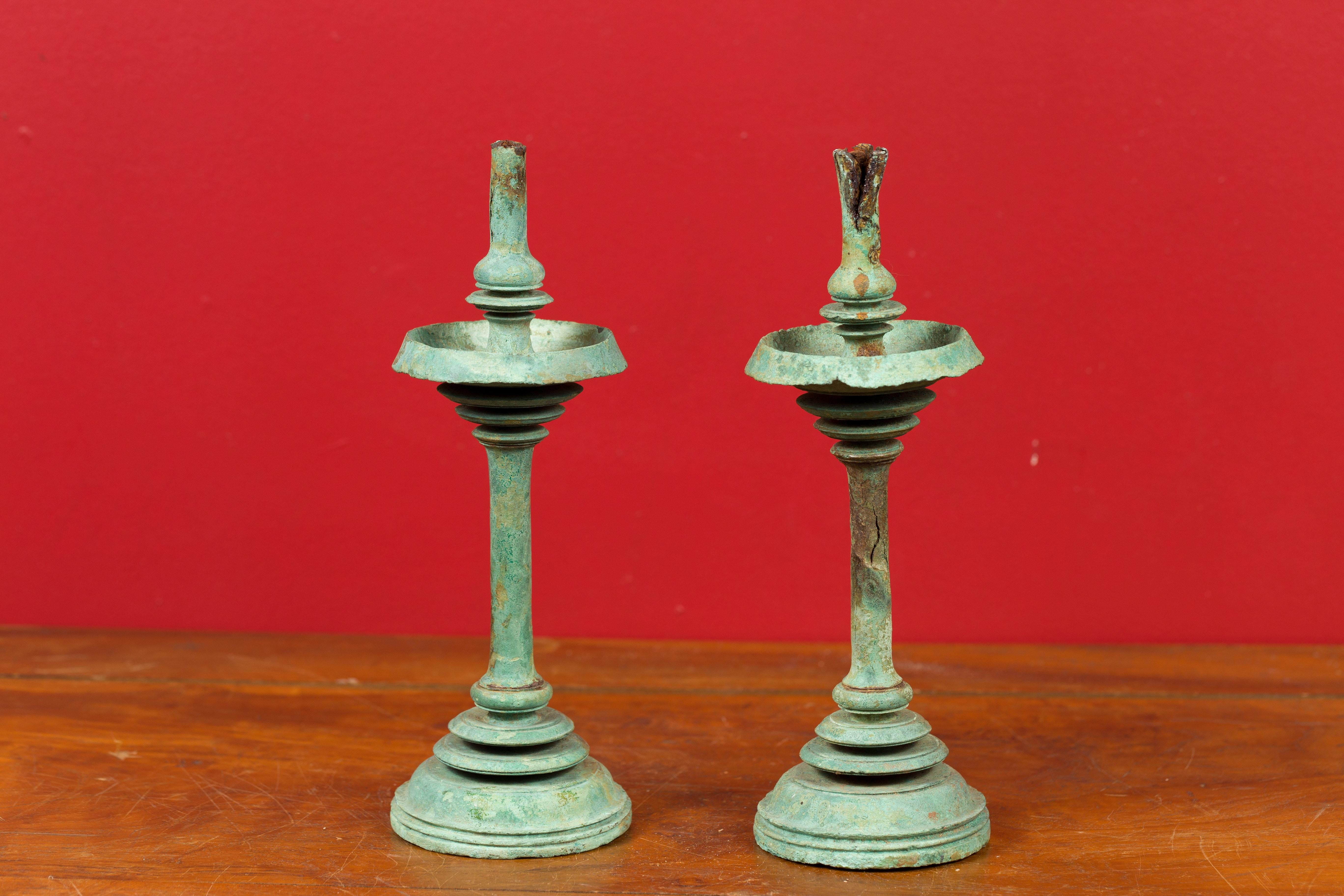 Pair of Angkor-Wat 12th Century Bronze Temple Oil Lamps from the Khmer Empire 1