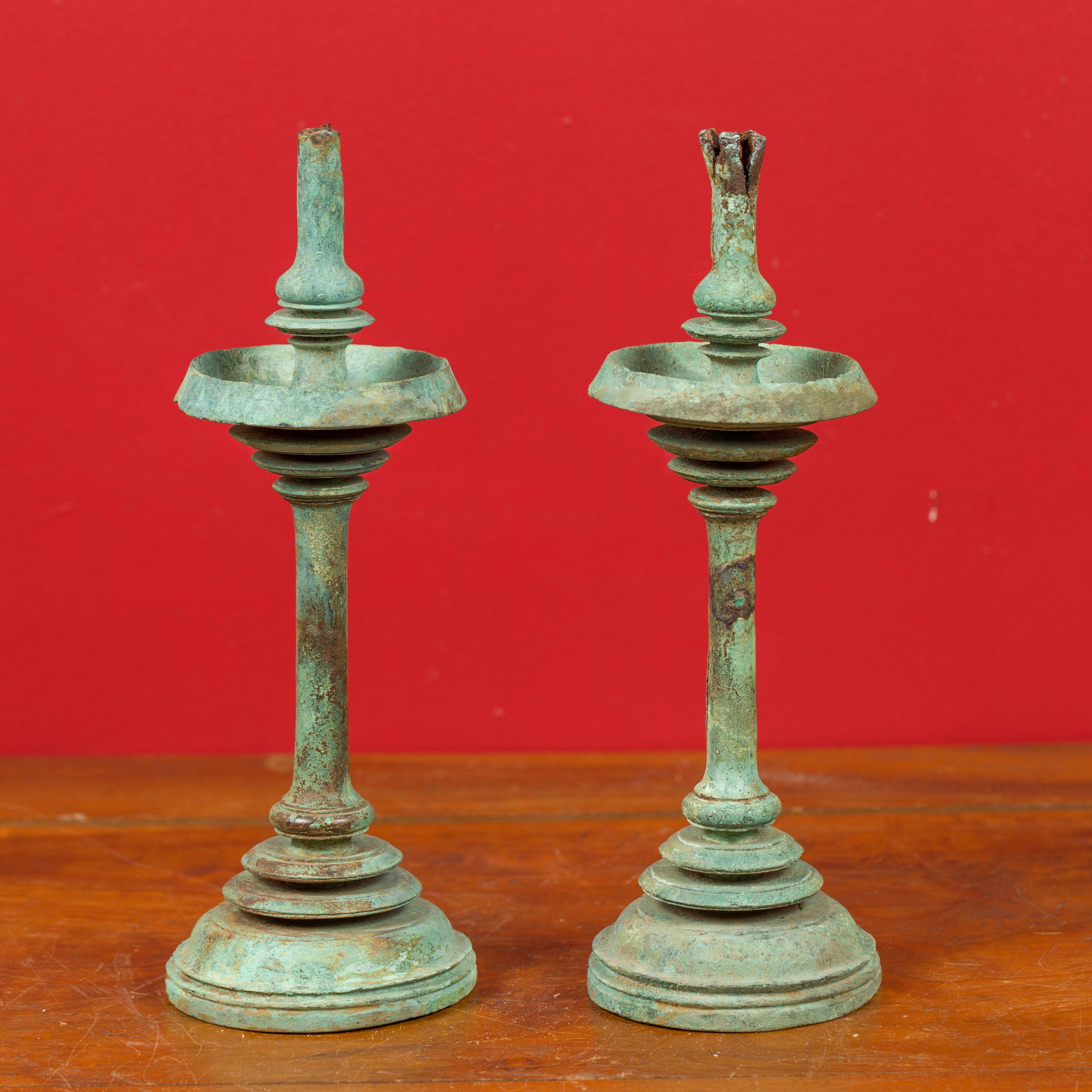 Pair of Angkor-Wat 12th Century Bronze Temple Oil Lamps from the Khmer Empire 3
