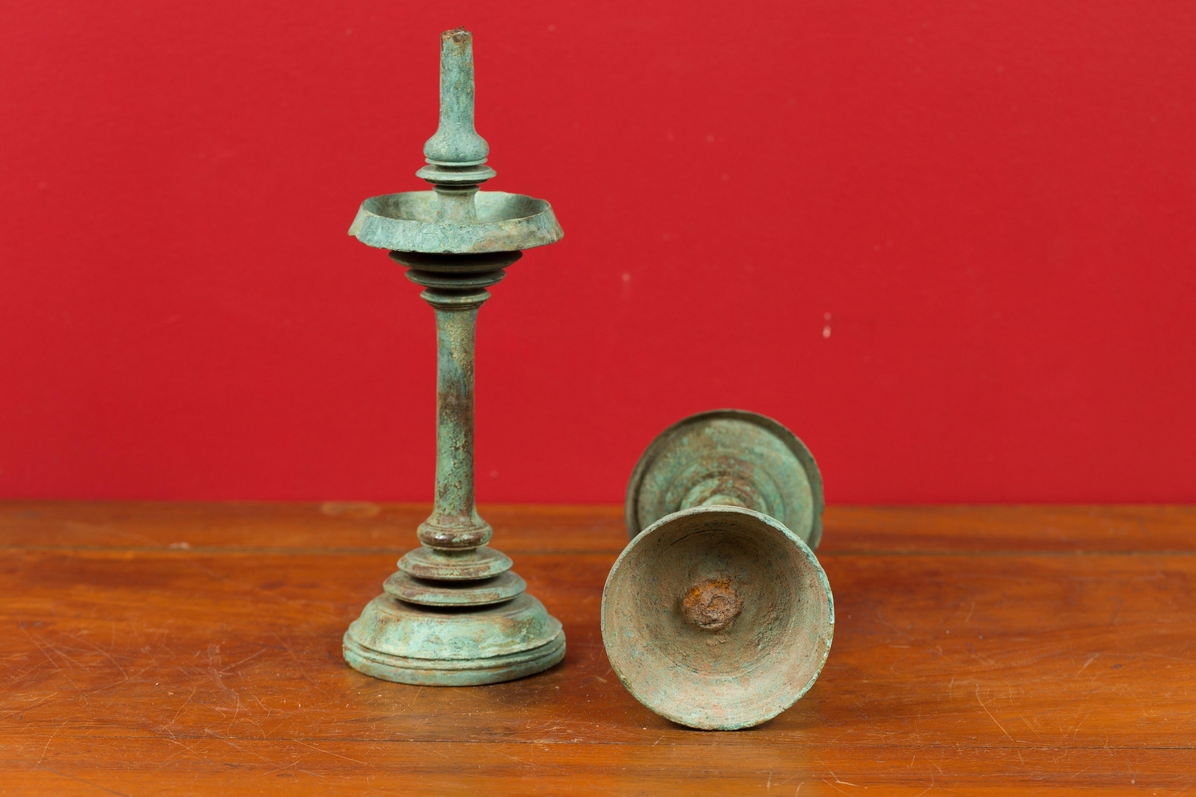 Pair of Angkor-Wat 12th Century Bronze Temple Oil Lamps from the Khmer Empire 4