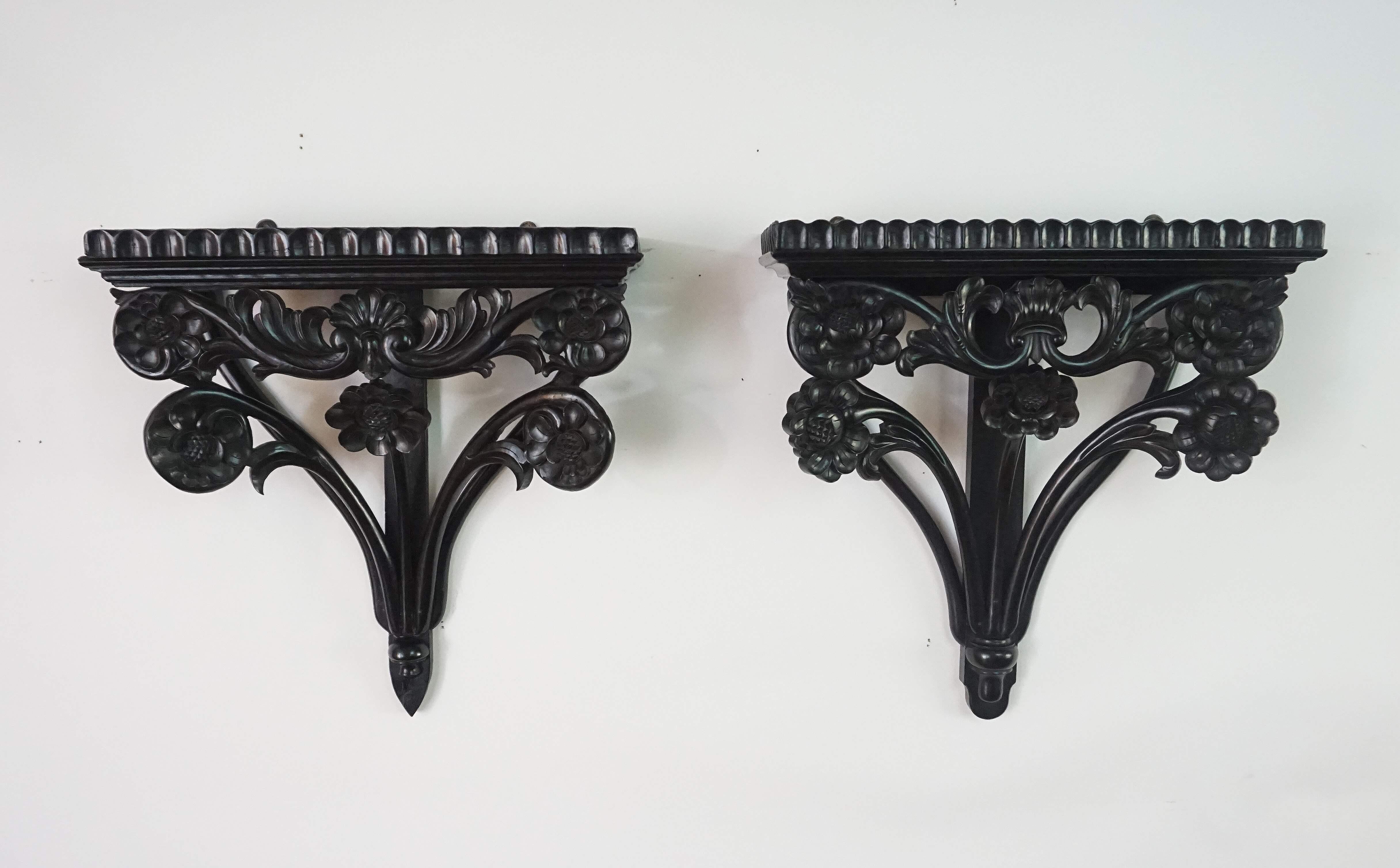 Hand-Carved Pair of Anglo-Ceylonese Carved Ebony Wall Brackets or Shelves, circa 1840 For Sale