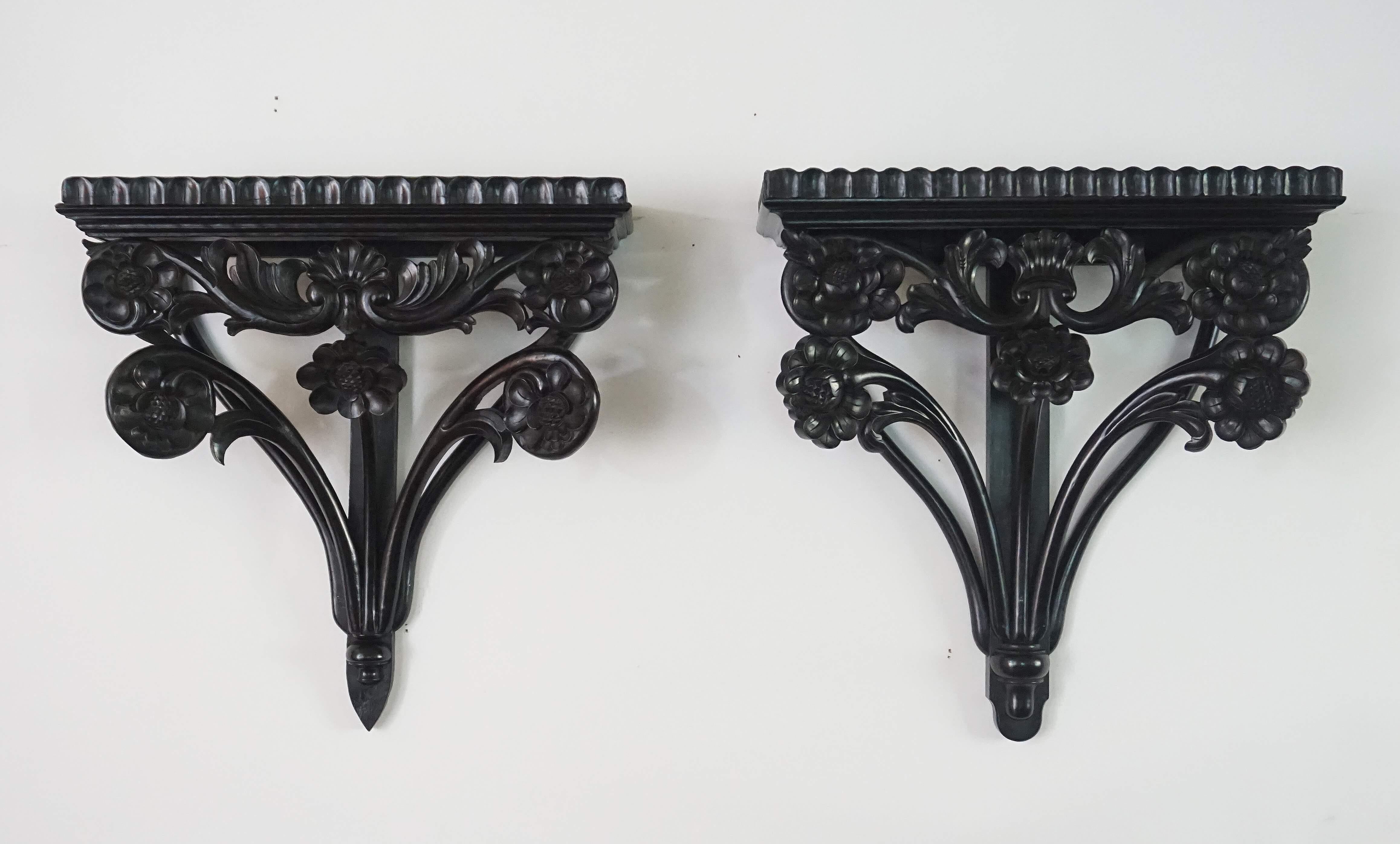 Pair of Anglo-Ceylonese Carved Ebony Wall Brackets or Shelves, circa 1840 For Sale 2