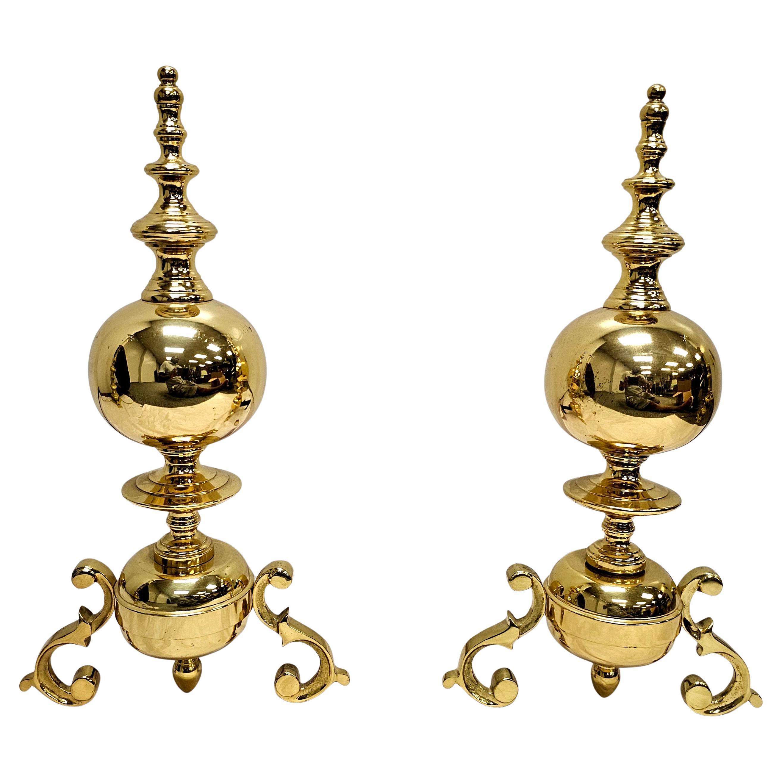 Pair of Anglo-Dutch Style Brass Andirons bulbous turned and scroll legs. Measures 11