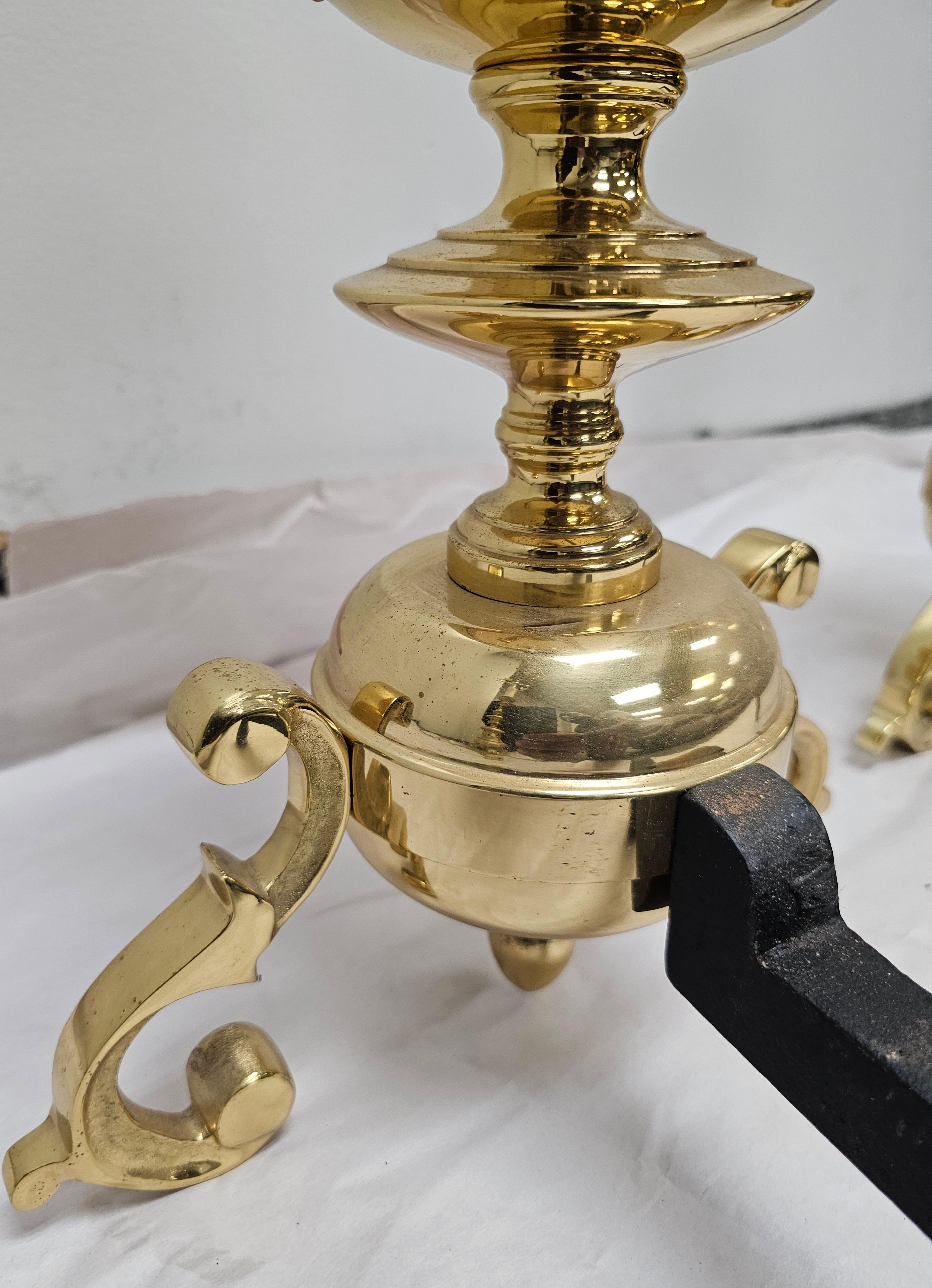 Polished Pair of Anglo-Dutch Style Brass Andirons For Sale