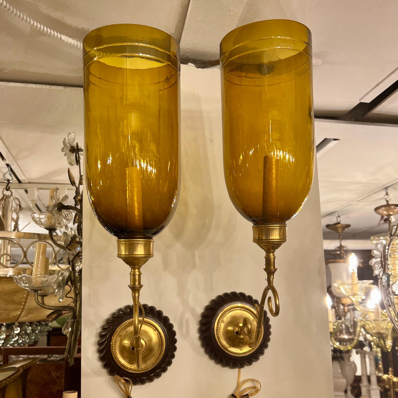 Carved Pair of Anglo Indian Amber Glass Sconces For Sale