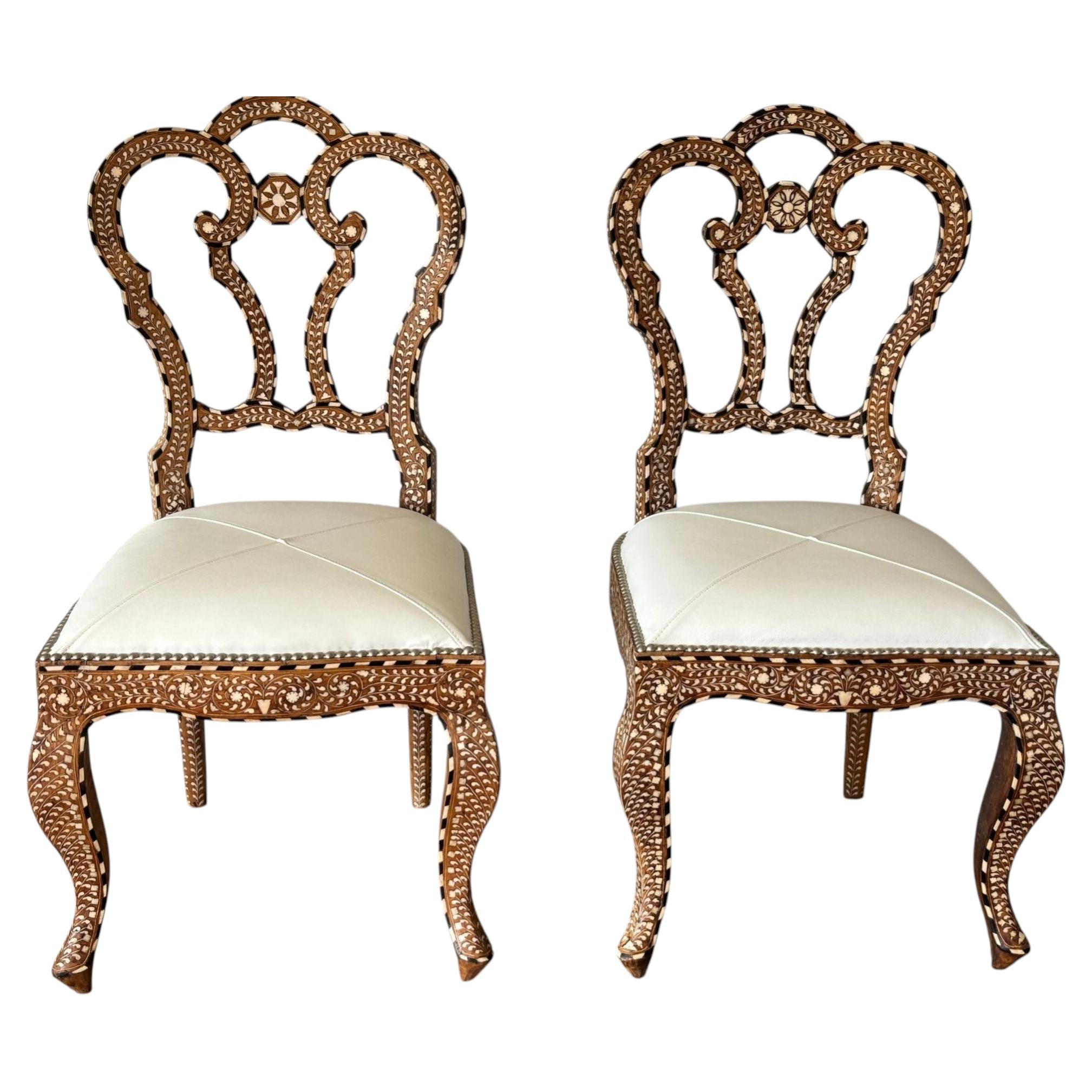 Pair of Anglo-Indian Bone-Inlaid Teakwood Side Chairs Mughal Revival