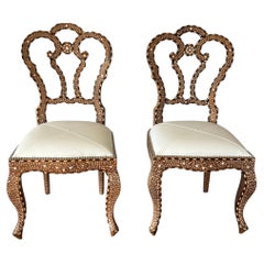 Pair of Anglo-Indian Bone-Inlaid Teakwood Side Chairs Mughal Revival