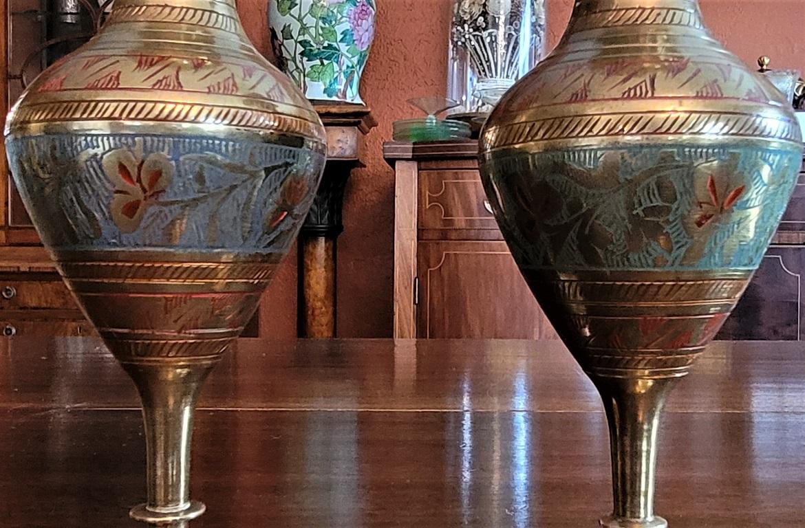 Pair of Anglo Indian Brass and Enameled Rose Vases 1