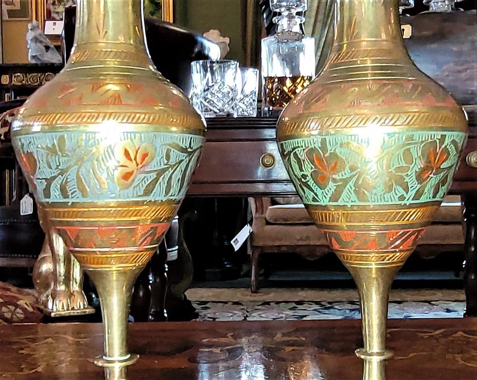 Anglo Raj Pair of Anglo Indian Brass and Enameled Rose Vases