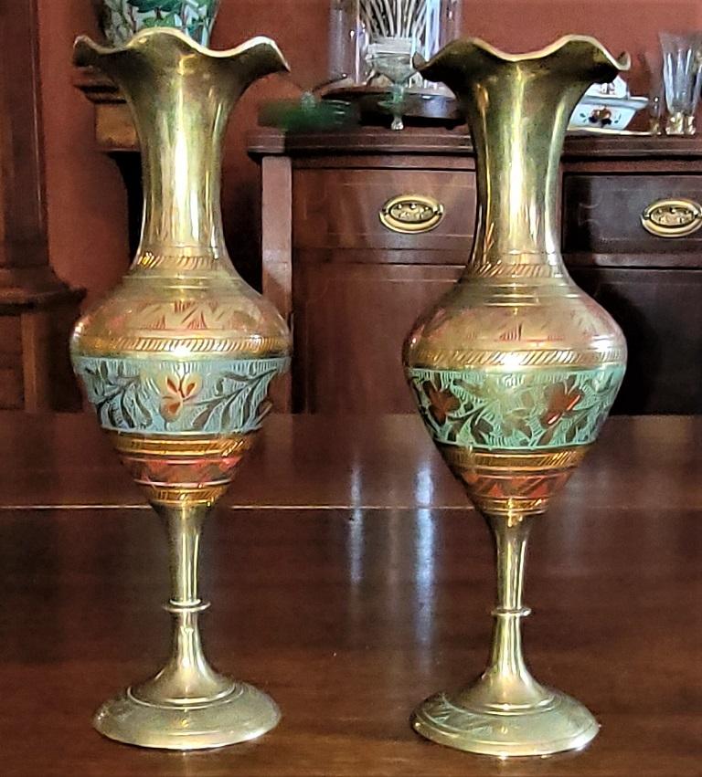 Cast Pair of Anglo Indian Brass and Enameled Rose Vases