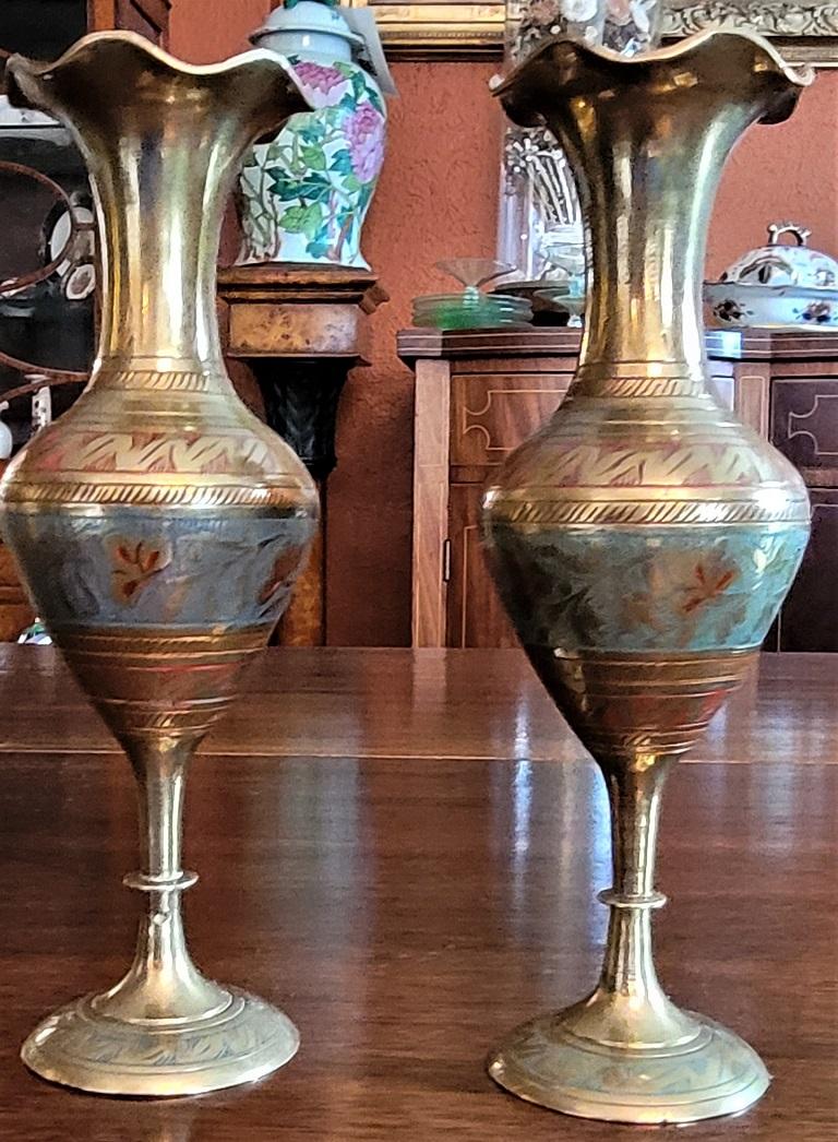 20th Century Pair of Anglo Indian Brass and Enameled Rose Vases