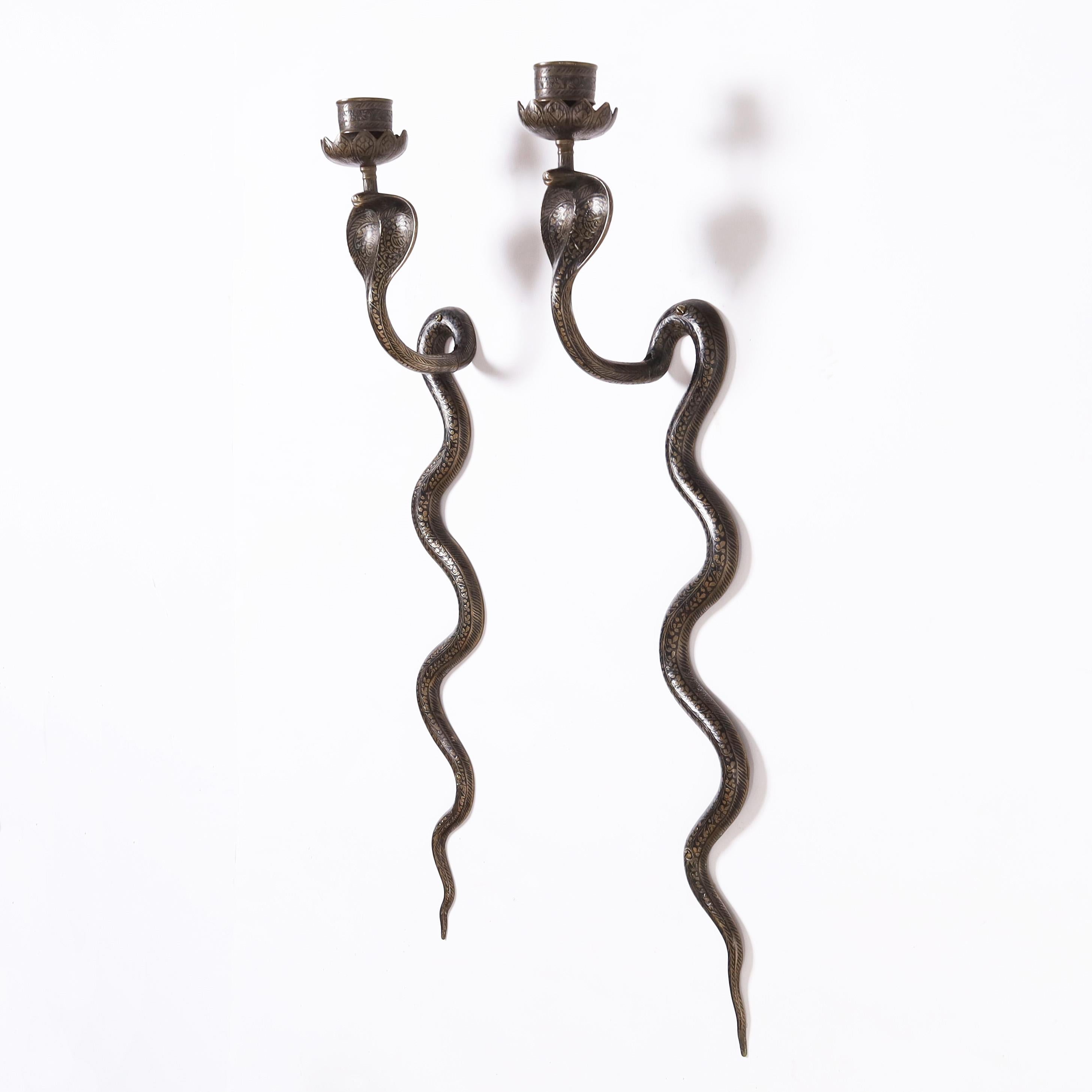 Anglo-Indian Pair of Anglo Indian Brass Cobra Wall Sconces For Sale
