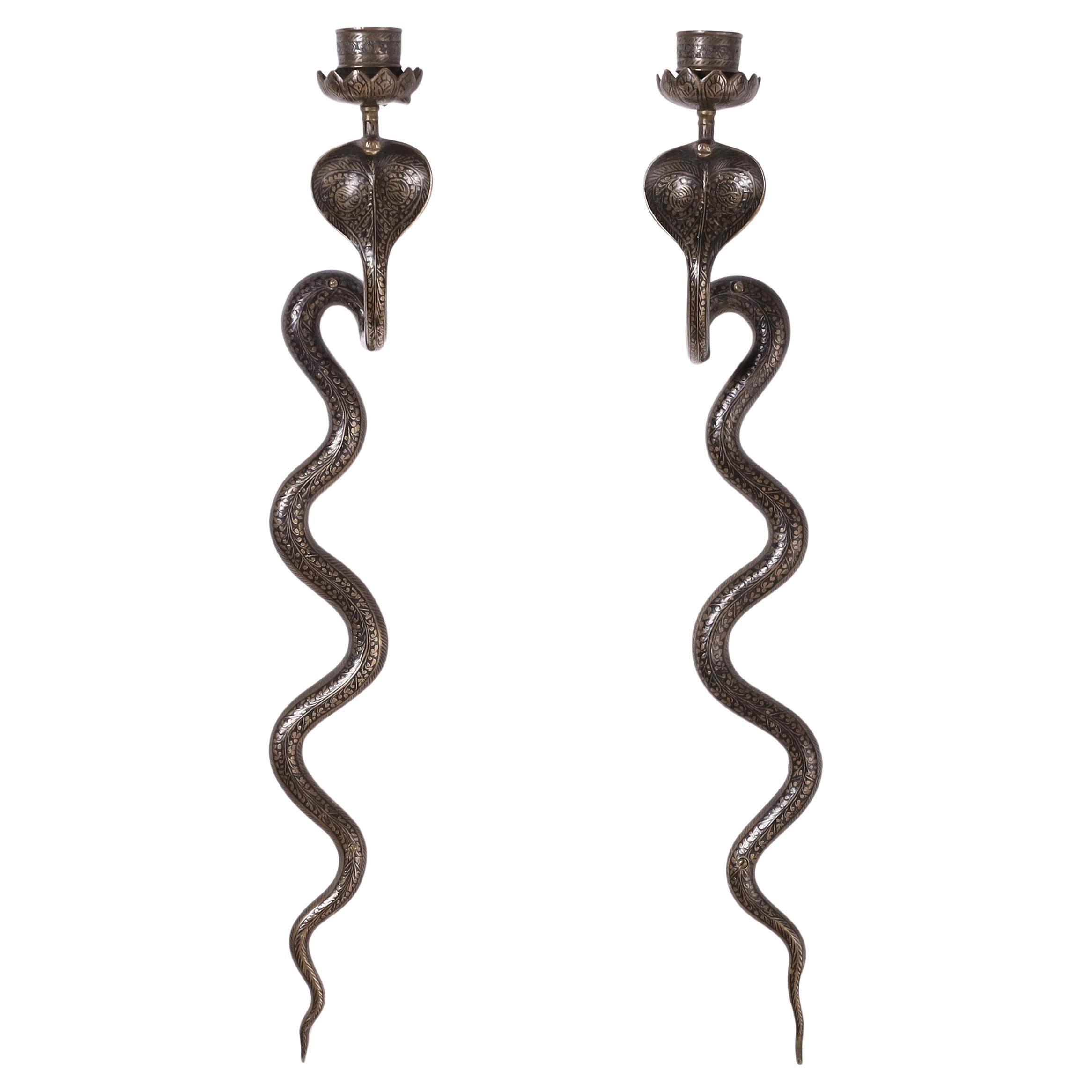 Pair of Anglo Indian Brass Cobra Wall Sconces For Sale