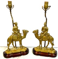Pair of Anglo-Indian Brass Officer & Camel Doorstops, Now as Lamps