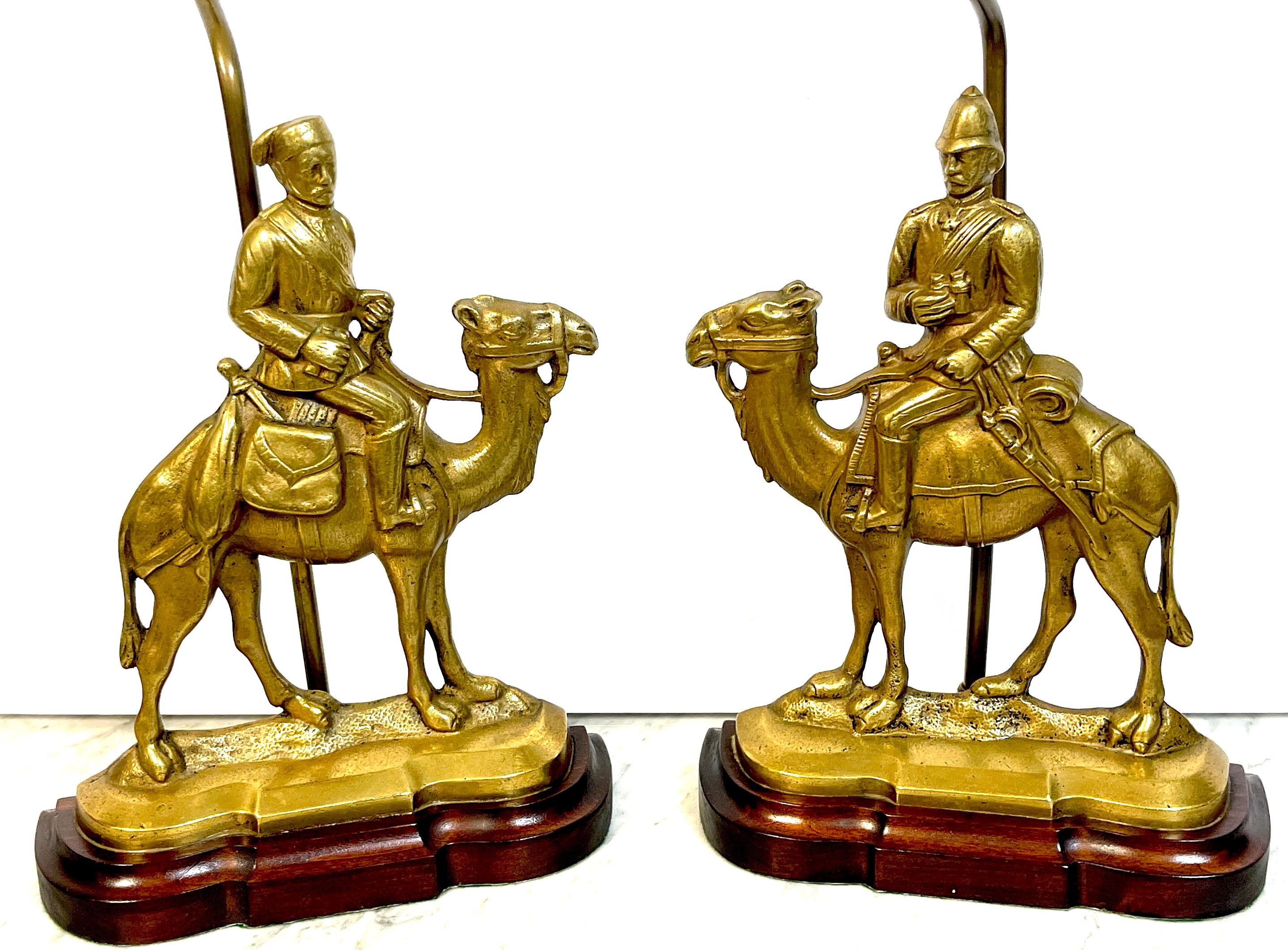 English Pair of Anglo-Indian Brass Officer & Camel Doorstops, Now as Lamps