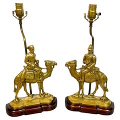 Antique Pair of Anglo-Indian Brass Officer & Camel Doorstops, Now as Lamps