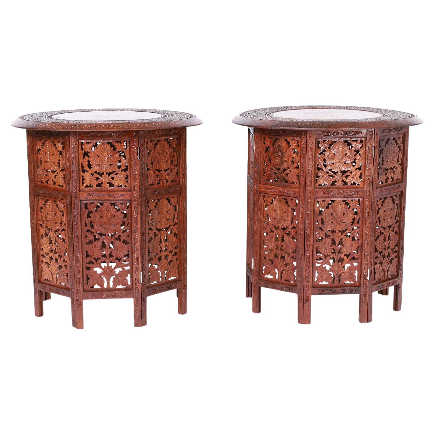 Pair of Anglo Indian Carved and Inlaid Tables or Stands