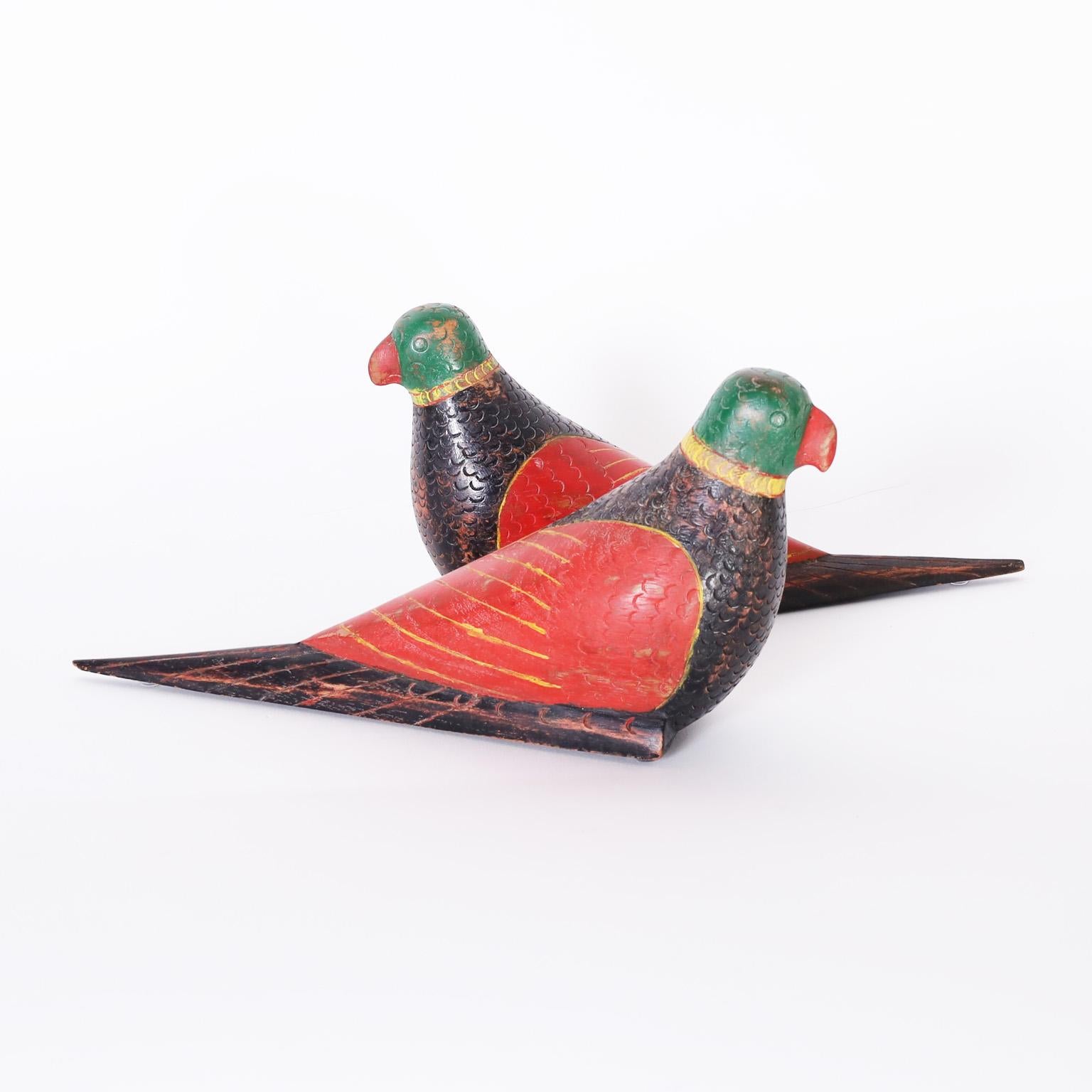 Anglo-Indian Pair of Anglo Indian Carved and Painted Wood Parrots For Sale
