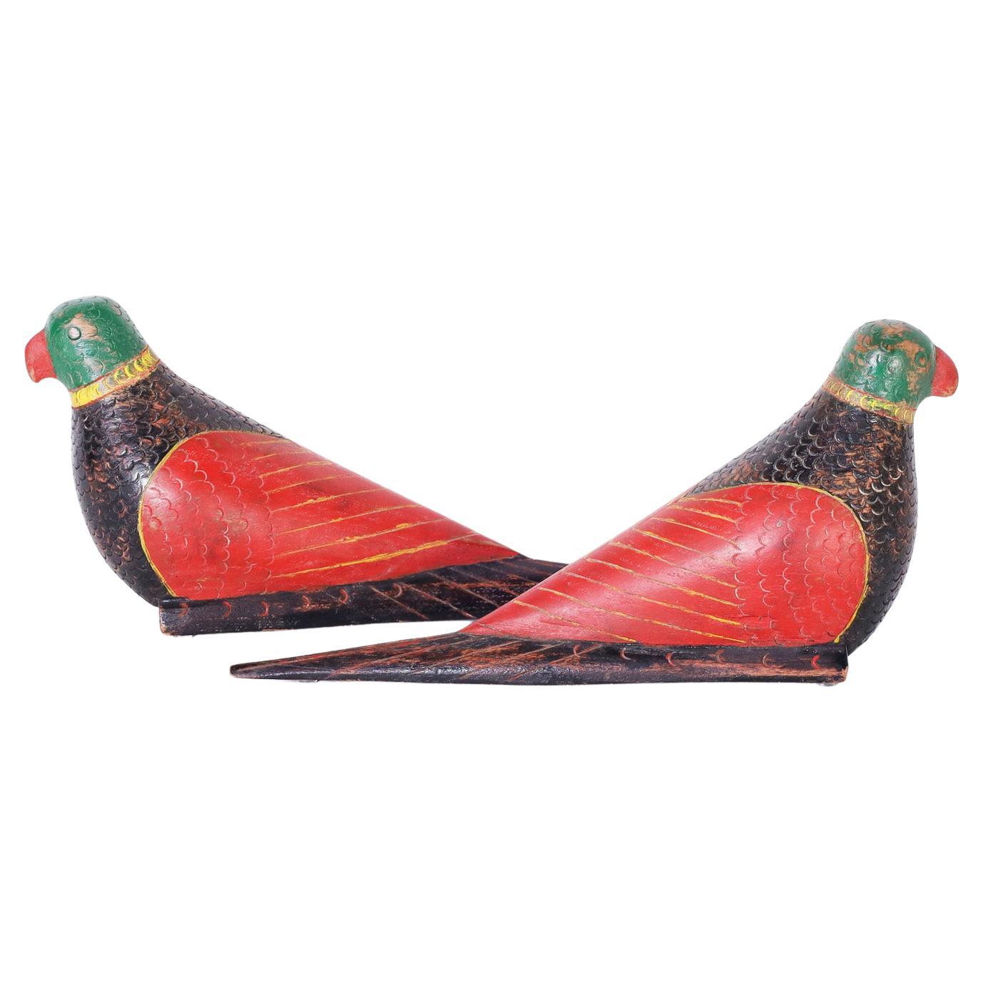 Pair of Anglo Indian Carved and Painted Wood Parrots For Sale