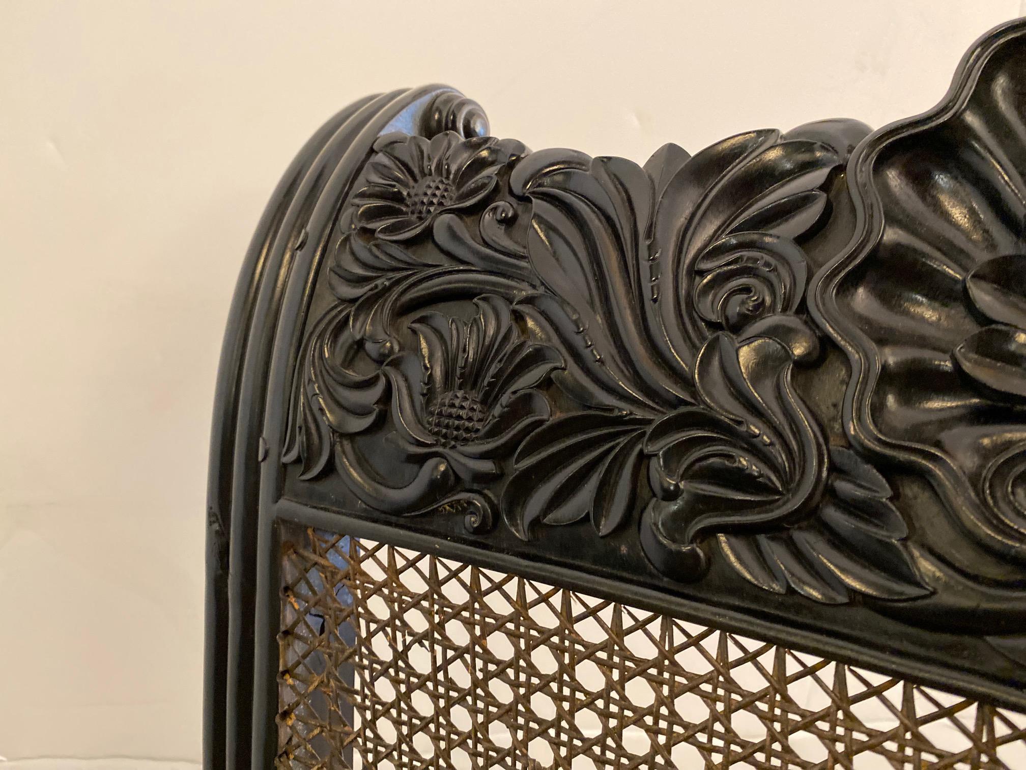 Pair of Anglo-Indian Carved Ebony and Caned Armchairs For Sale 2