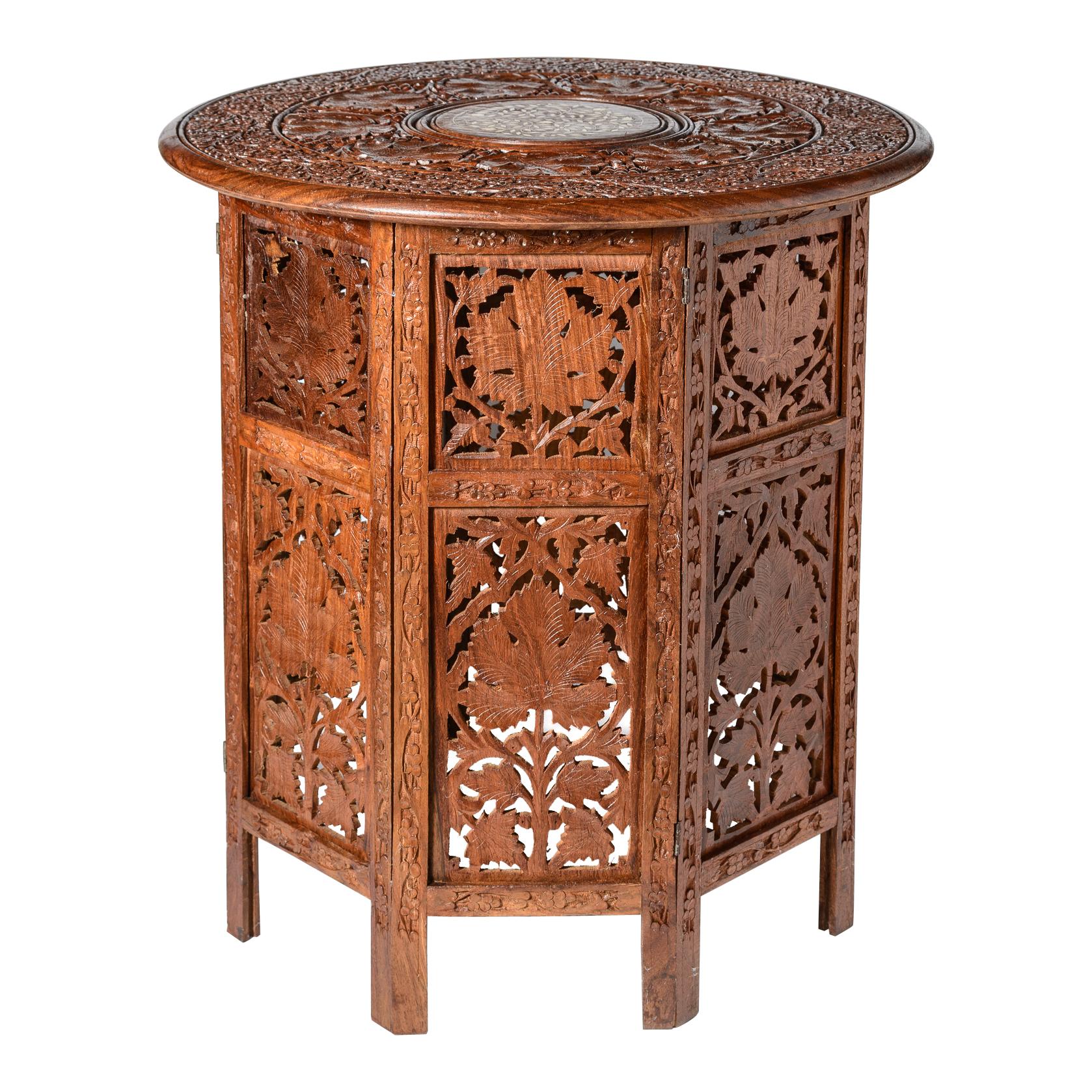 Hand-Crafted Pair of Anglo Indian Carved & Inlaid Side Tables, 1960s