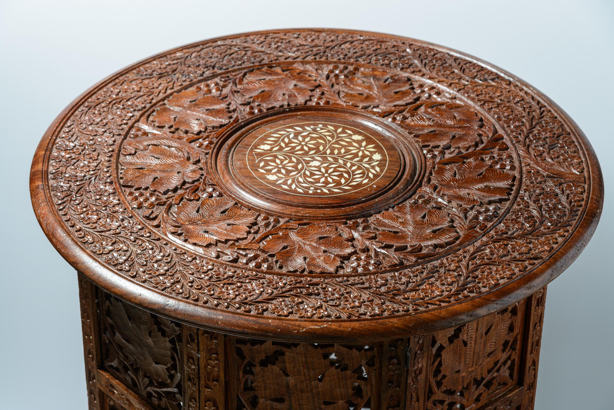 Pair of Anglo Indian Carved & Inlaid Side Tables, 1960s In Good Condition In West Palm Beach, FL