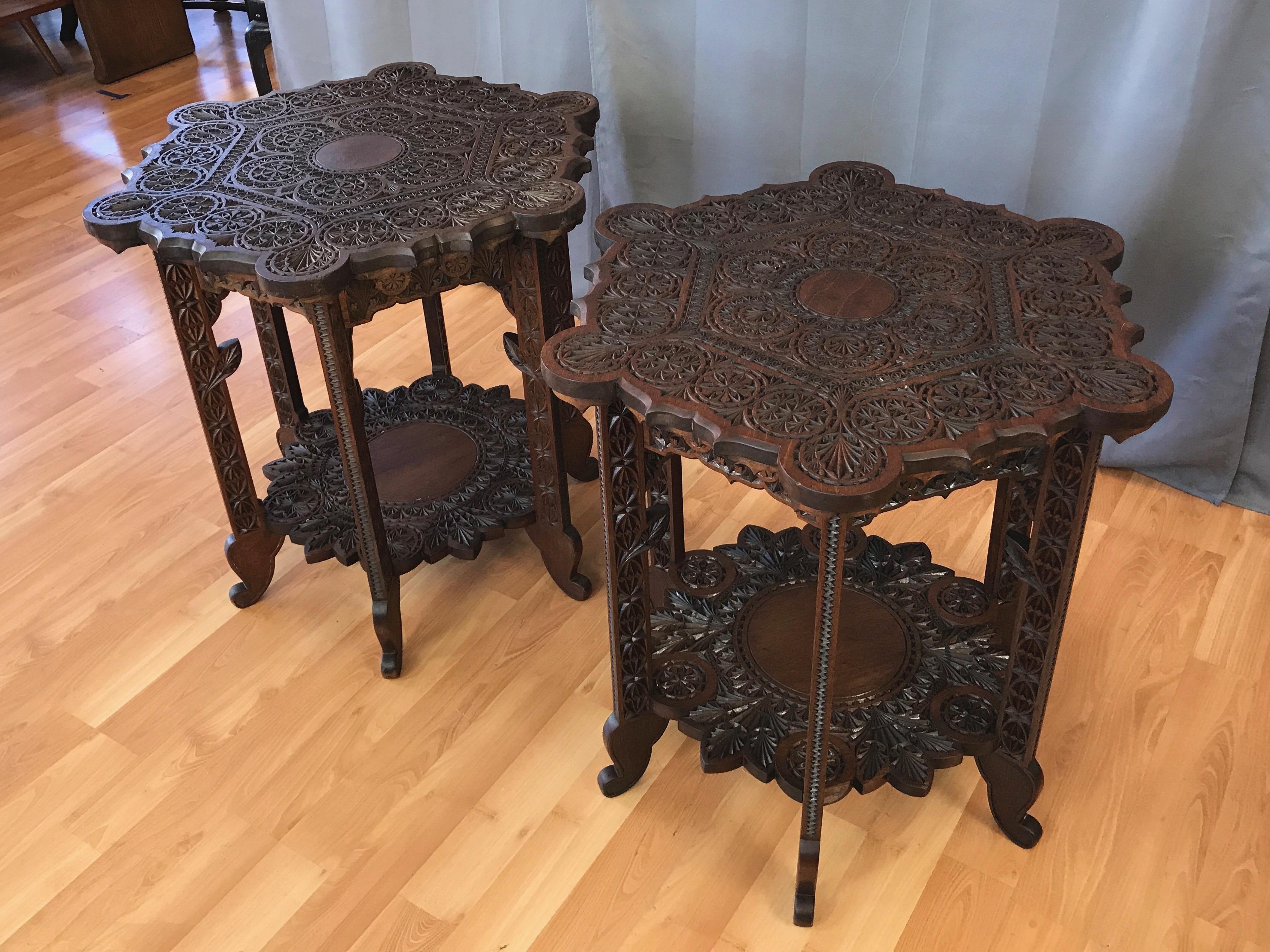 Pair of Anglo-Indian Carved Rosewood Hexagonal Side Tables, Early 1900s 7