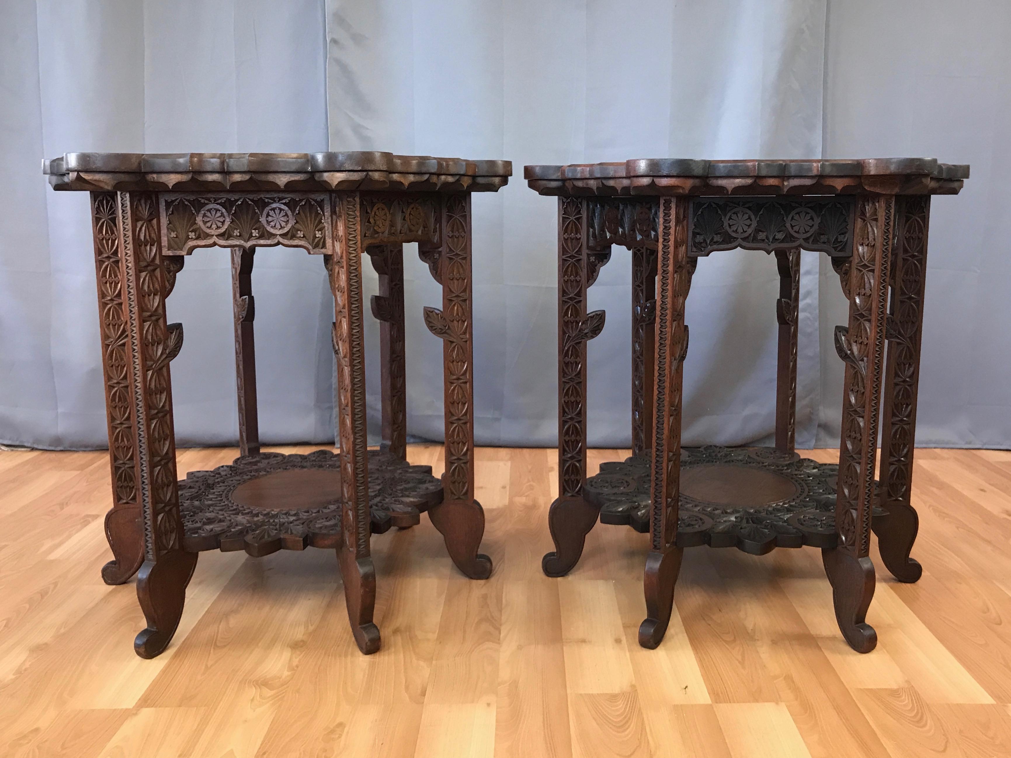 Pair of Anglo-Indian Carved Rosewood Hexagonal Side Tables, Early 1900s In Good Condition In San Francisco, CA
