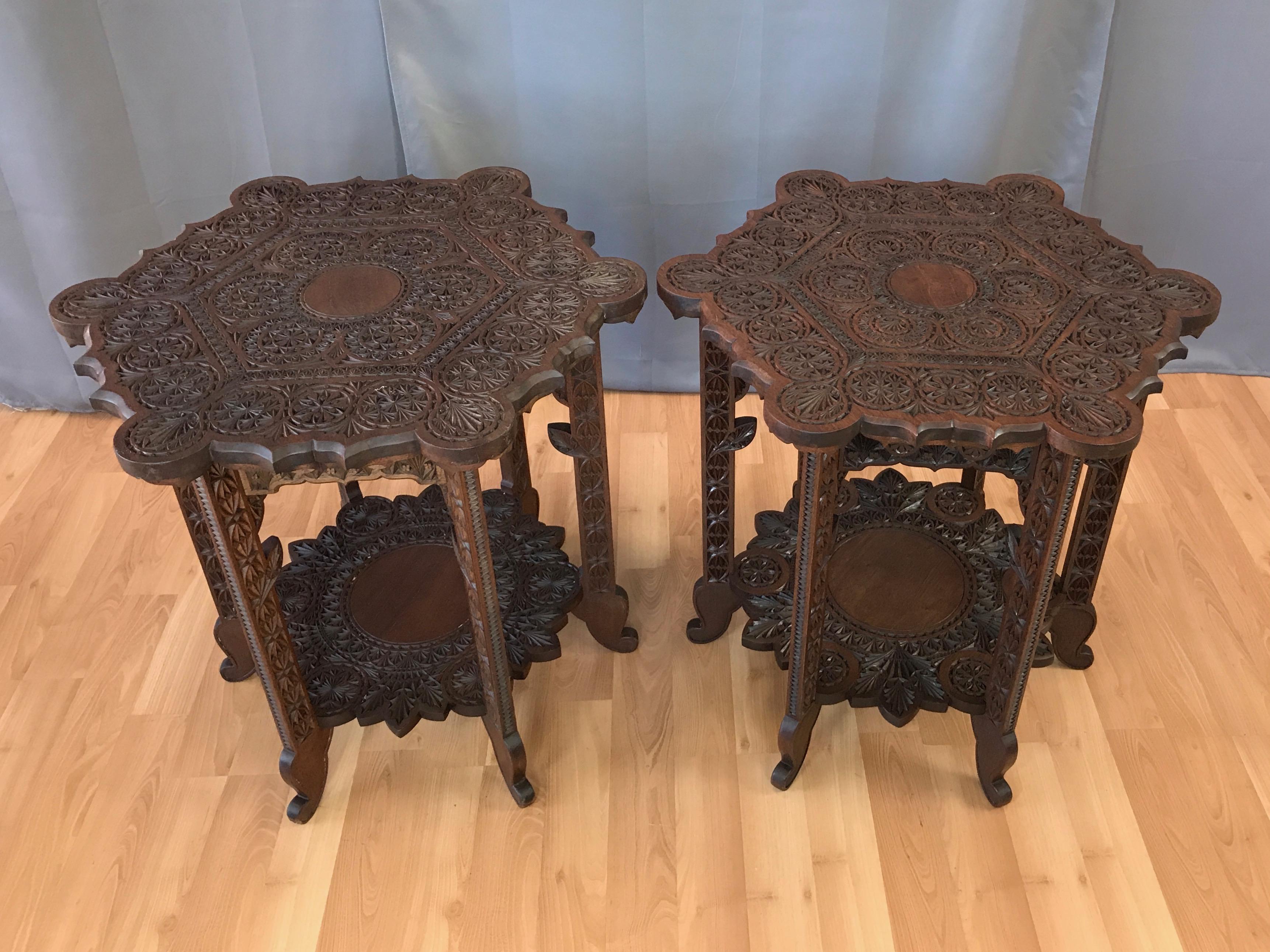 20th Century Pair of Anglo-Indian Carved Rosewood Hexagonal Side Tables, Early 1900s