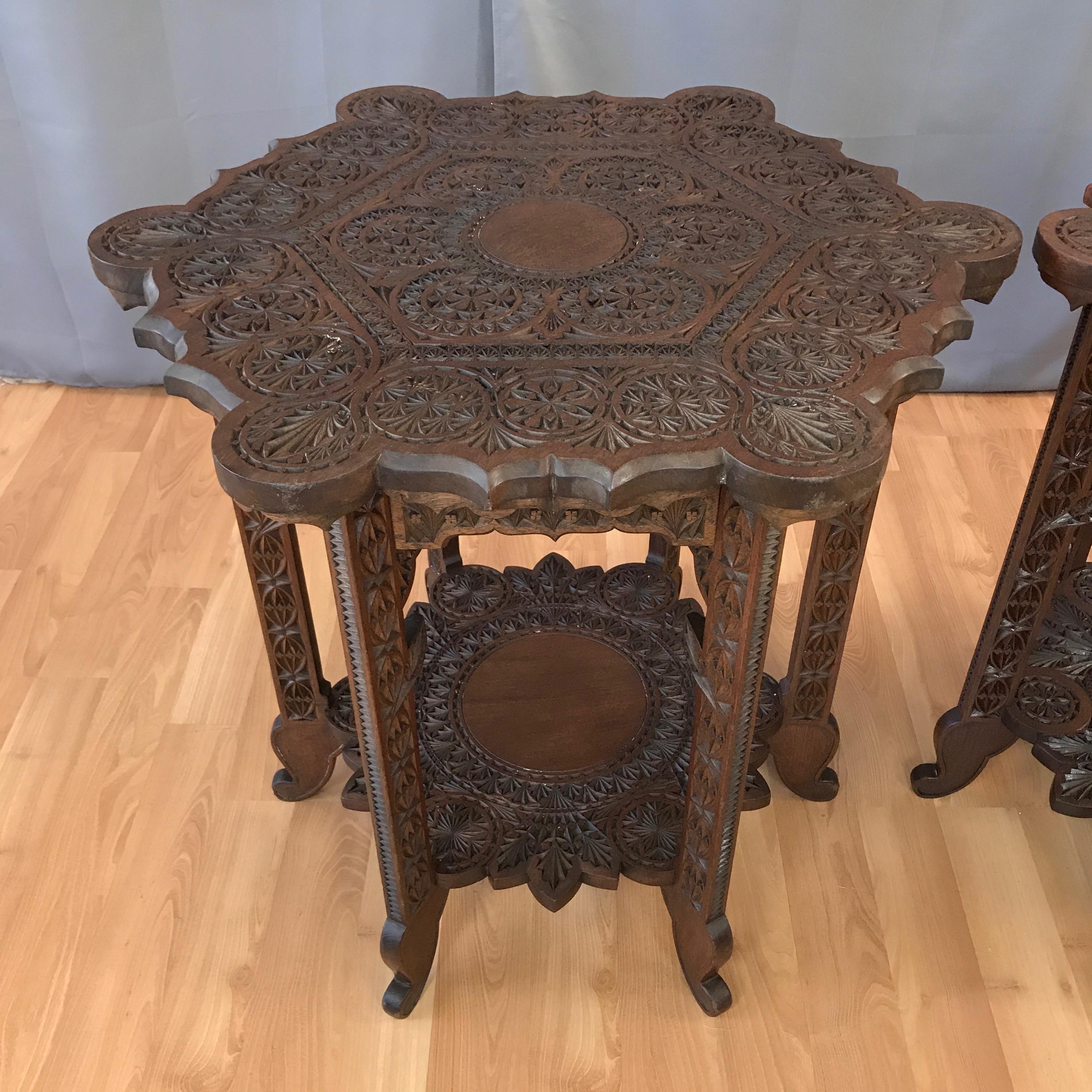 Pair of Anglo-Indian Carved Rosewood Hexagonal Side Tables, Early 1900s 1