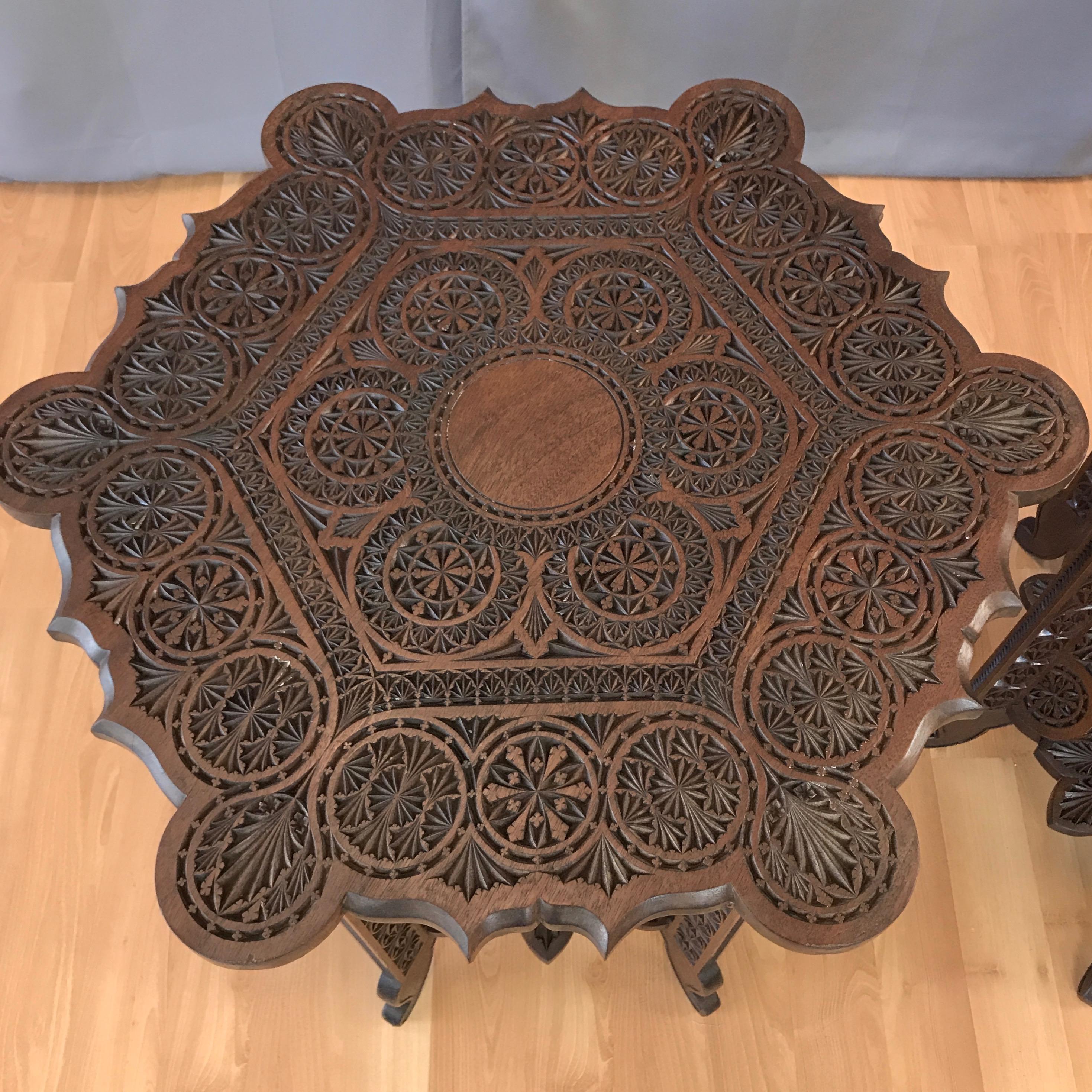 Pair of Anglo-Indian Carved Rosewood Hexagonal Side Tables, Early 1900s 2
