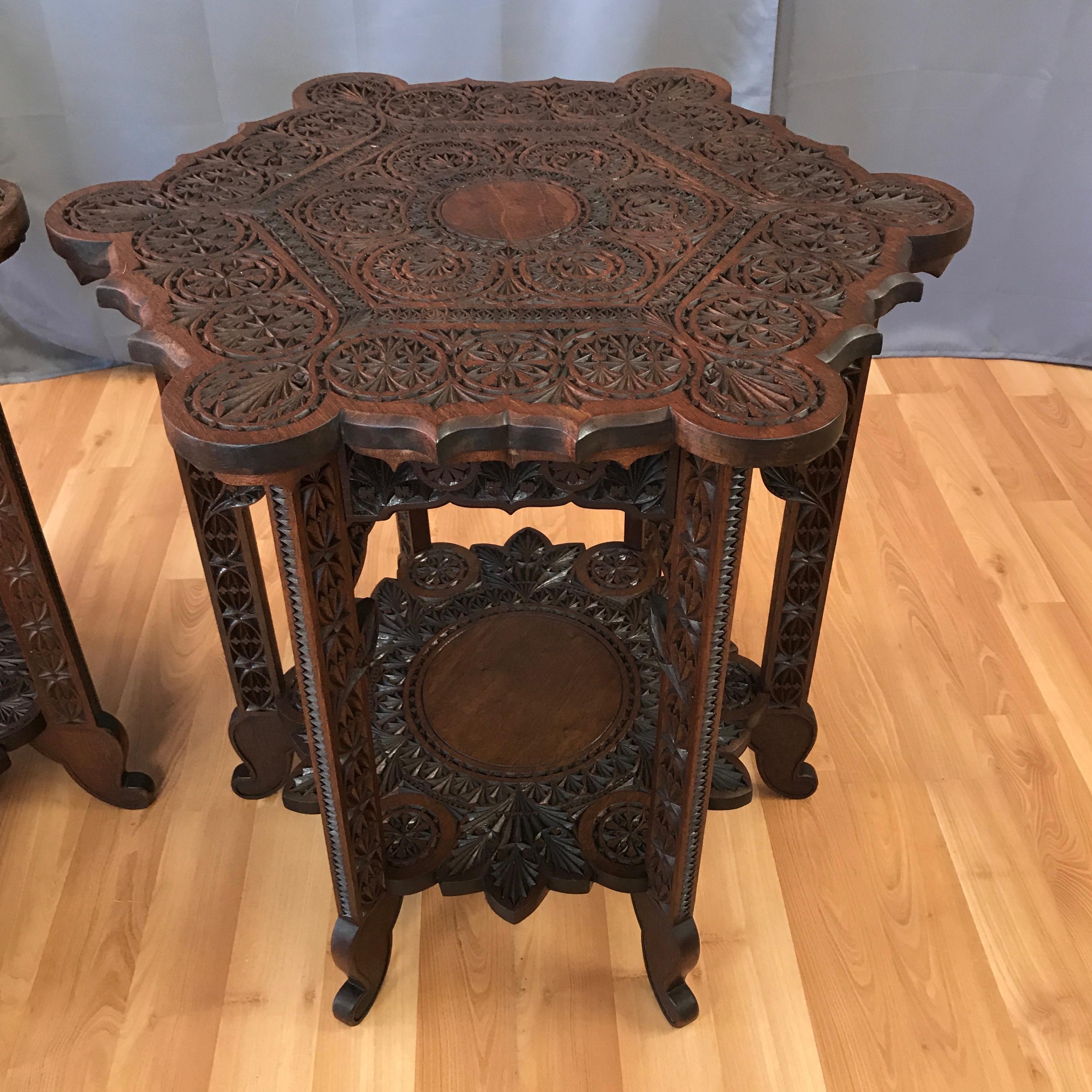 Pair of Anglo-Indian Carved Rosewood Hexagonal Side Tables, Early 1900s 4