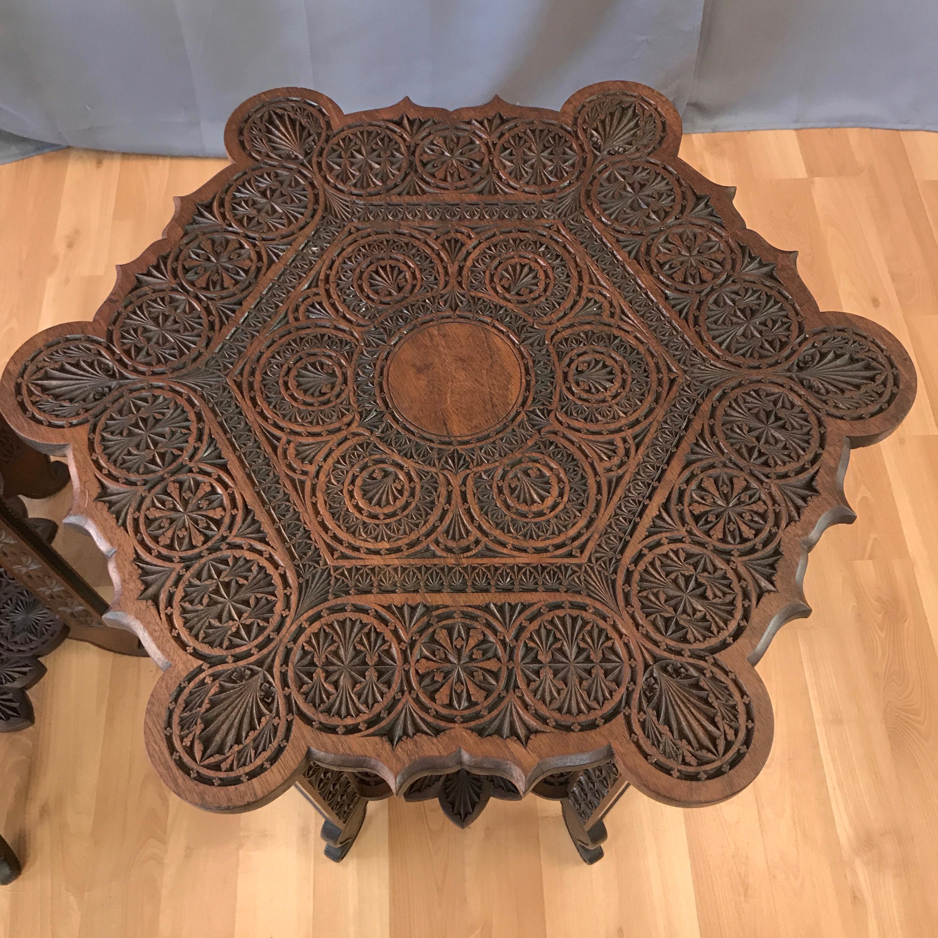 Pair of Anglo-Indian Carved Rosewood Hexagonal Side Tables, Early 1900s 5
