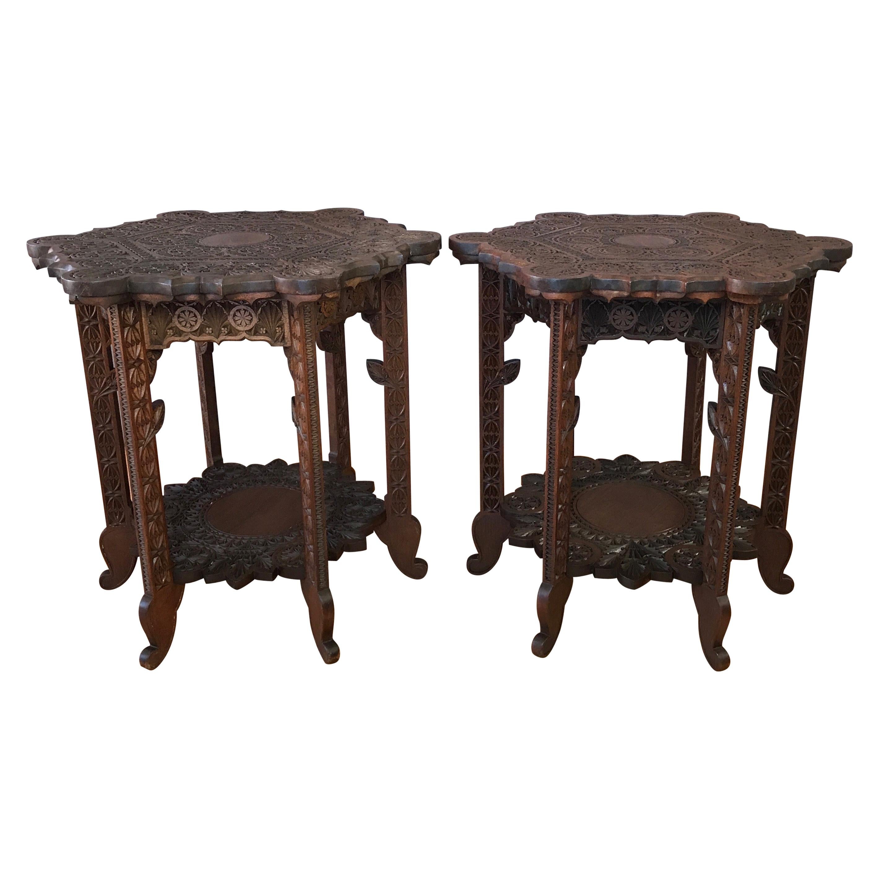Pair of Anglo-Indian Carved Rosewood Hexagonal Side Tables, Early 1900s