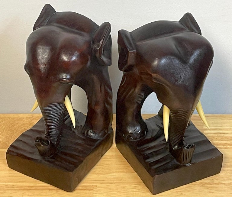 Hand-Carved Pair of Anglo-Indian Carved Teak Elephant Bookends For Sale