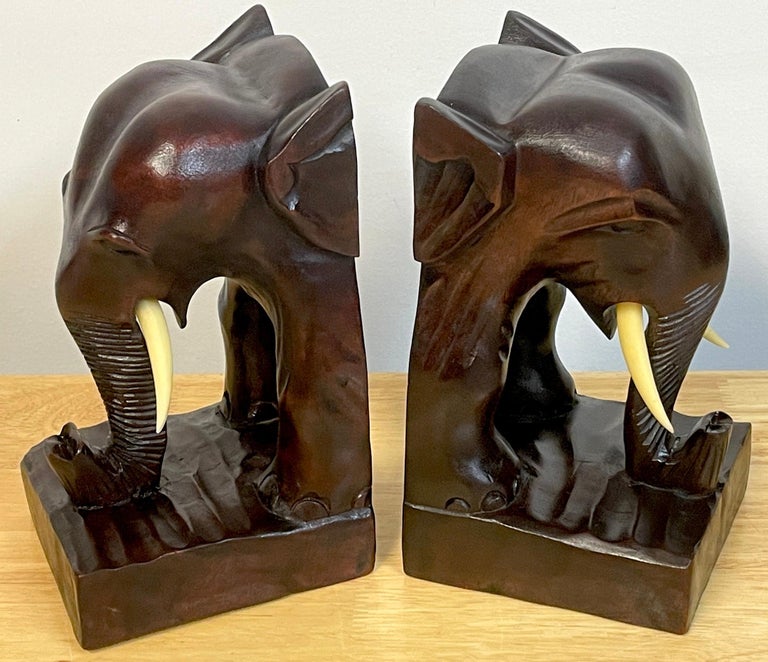 20th Century Pair of Anglo-Indian Carved Teak Elephant Bookends For Sale