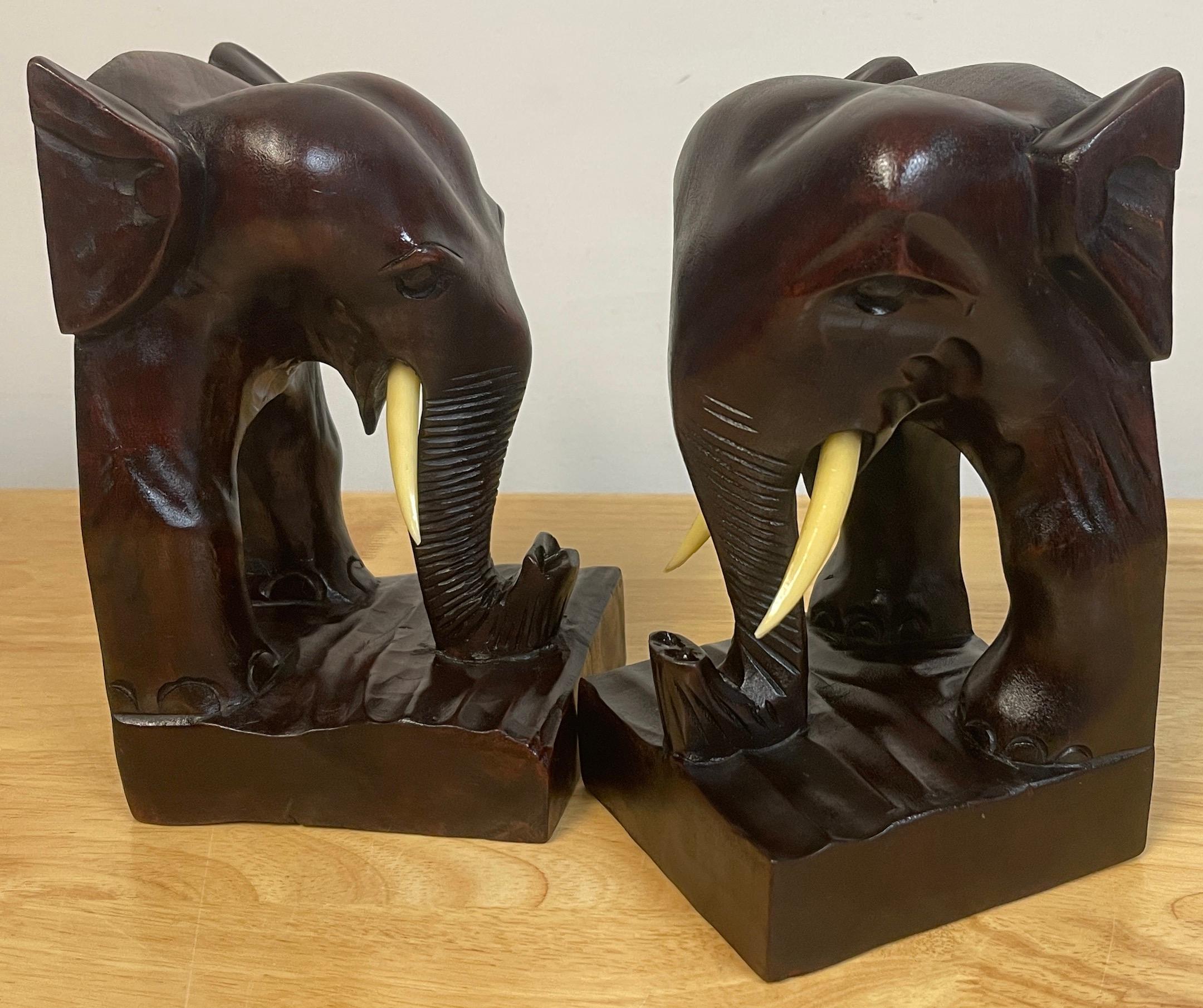 Bone Pair of Anglo-Indian Carved Teak Elephant Bookends For Sale
