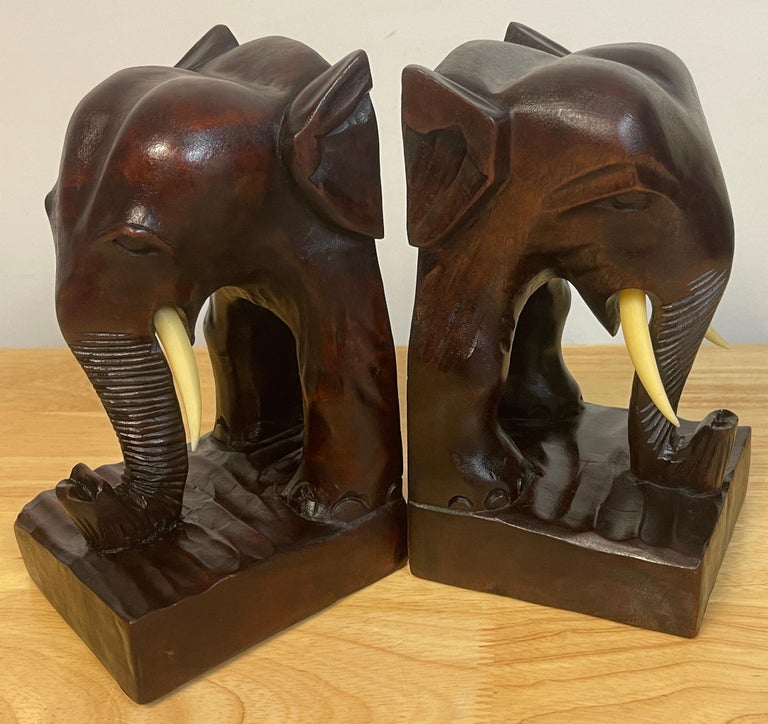 Pair of Anglo-Indian Carved Teak Elephant Bookends For Sale 3