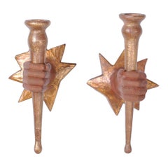 Pair of Anglo Indian Carved Wood Candlestick Wall Sconces