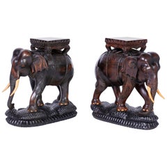Antique Pair of Anglo Indian Carved Wood Elephant Stands