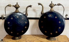 Pair of Anglo-Indian Cast & Engraved Brass Ewers, Black Enamel & British Coins
