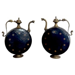 Vintage Pair of Anglo-Indian Cast & Engraved Brass Ewers, Black Enamel & British Coins