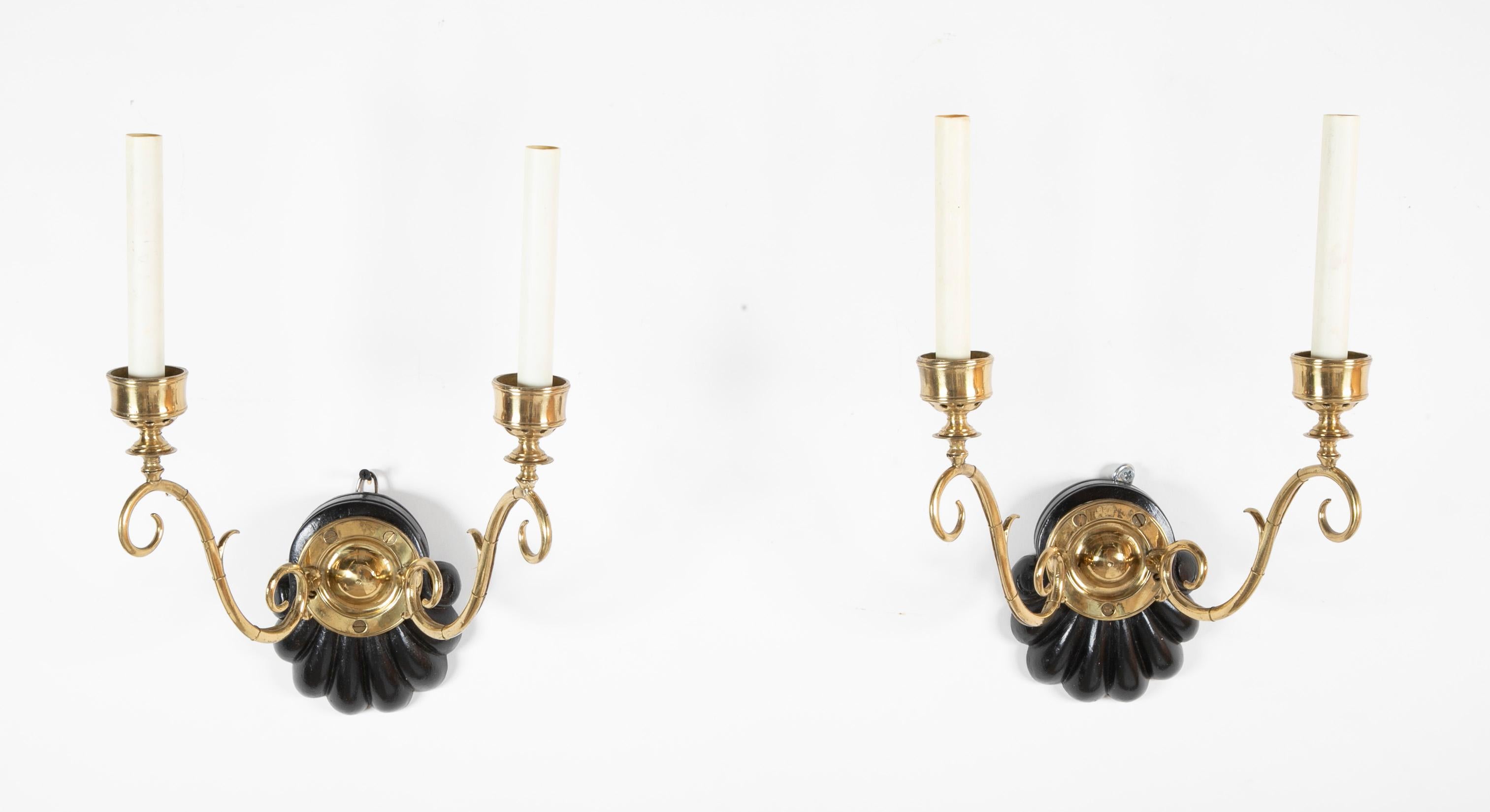A handsome pair of wall sconces with elegant bronze arms mounted on carved scallop shell-form bases. Anglo-Indian, circa 1900. Electrified. 
17 in high by 11.5 wide by 9 deep.