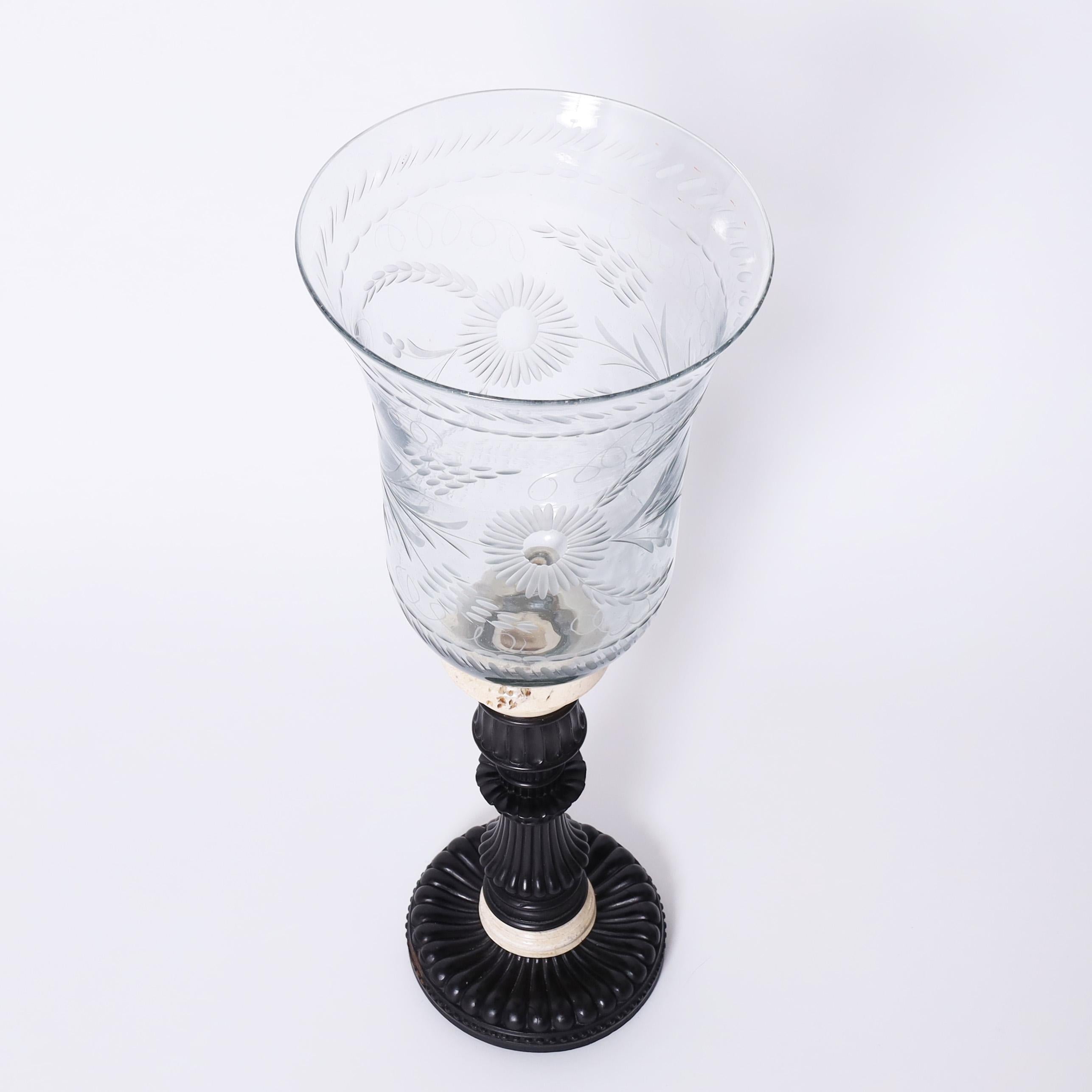 Anglo-Indian Pair of Anglo Indian Hurricane Candlesticks on Wood Bases For Sale