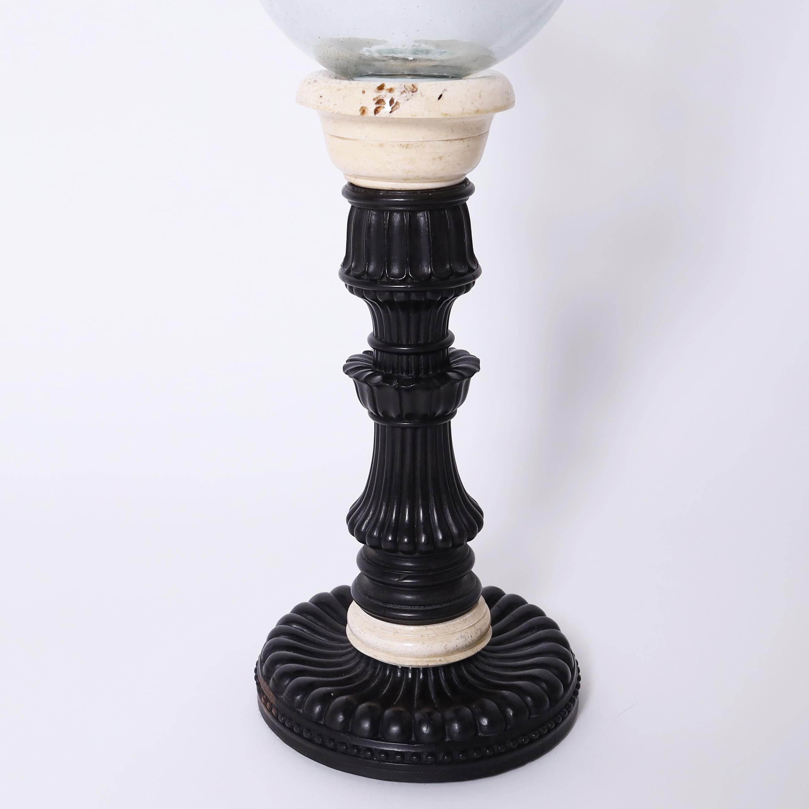 Blown Glass Pair of Anglo Indian Hurricane Candlesticks on Wood Bases For Sale